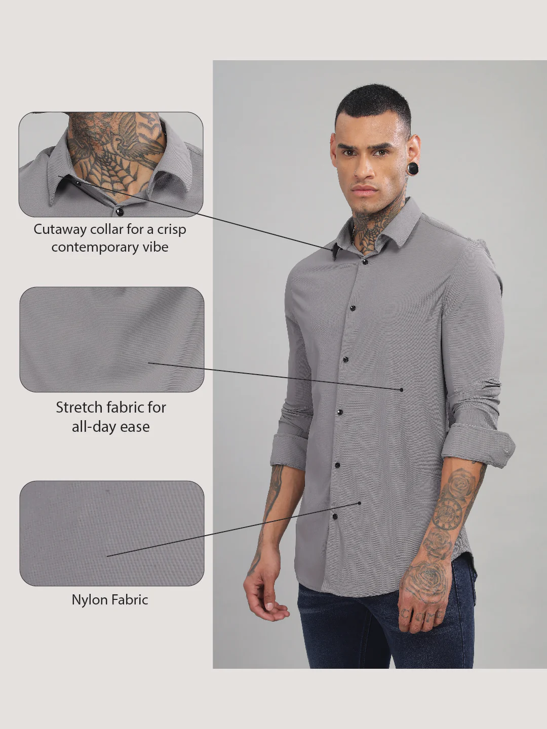 Men Grey Blue Slim Fit Shirt - Image 6
