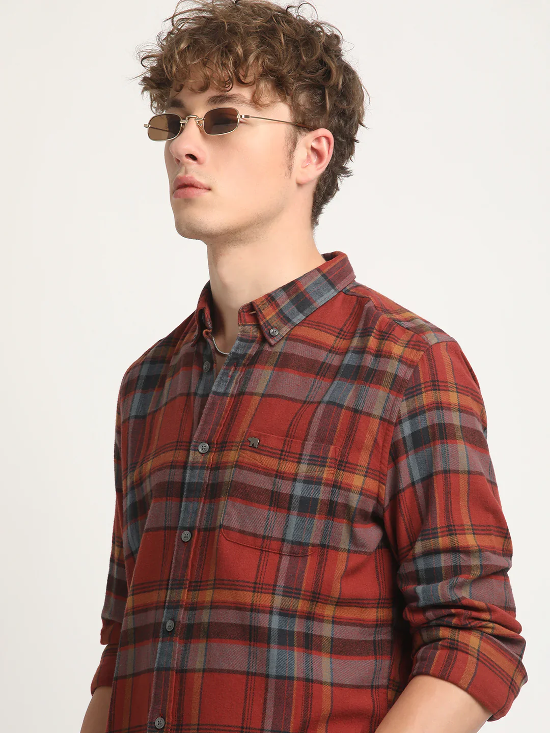 Men Rust Checked Casual Shirt - Image 3
