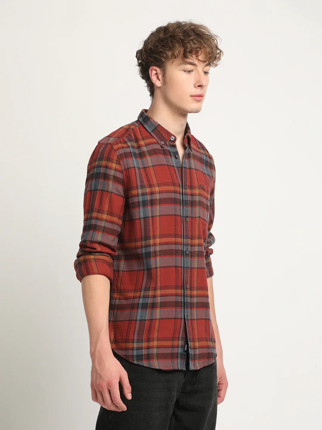 Men Rust Checked Casual Shirt - Image 4