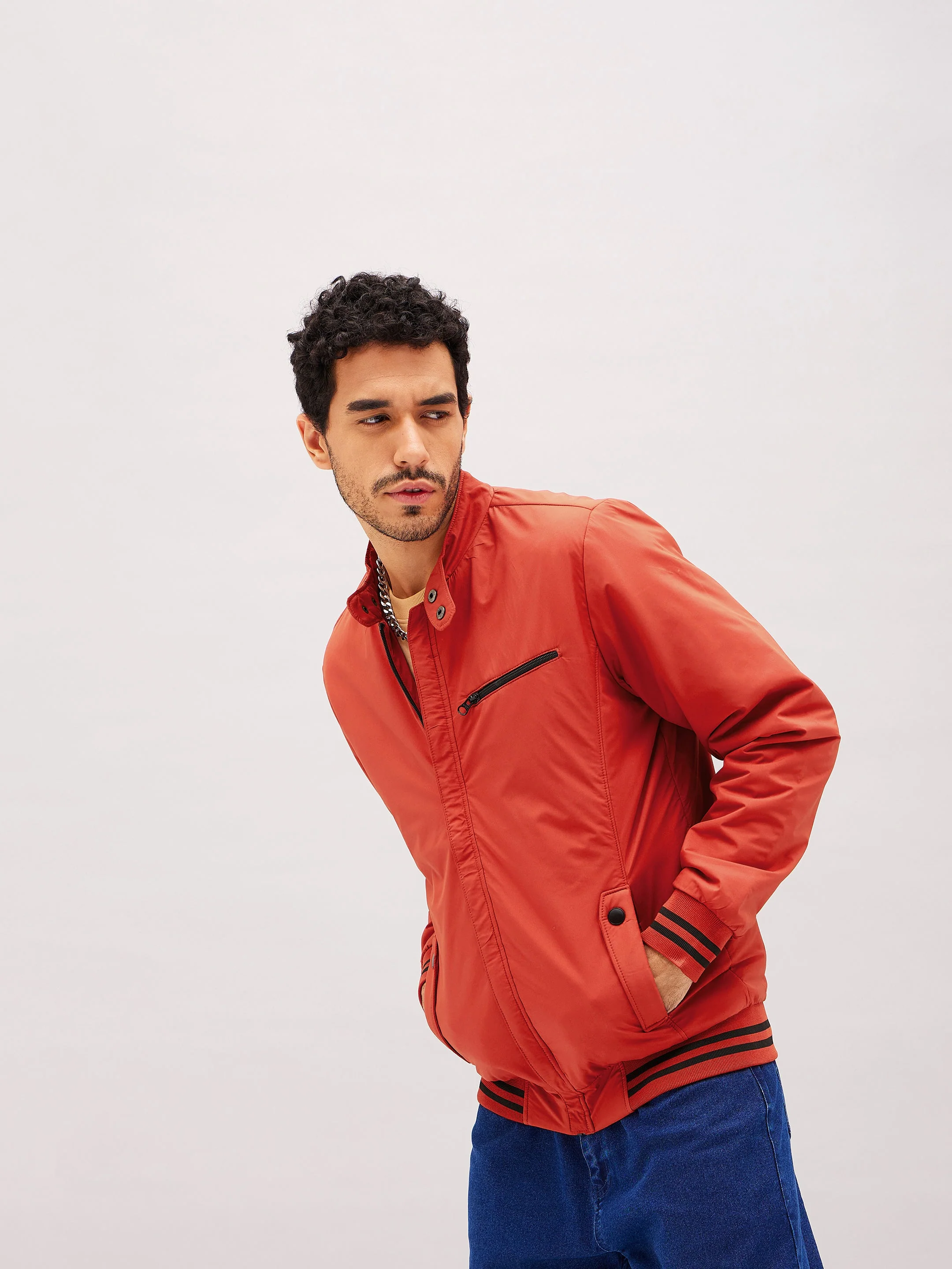 Men Rust Full Sleeve Front Zipper Jacket - Image 3