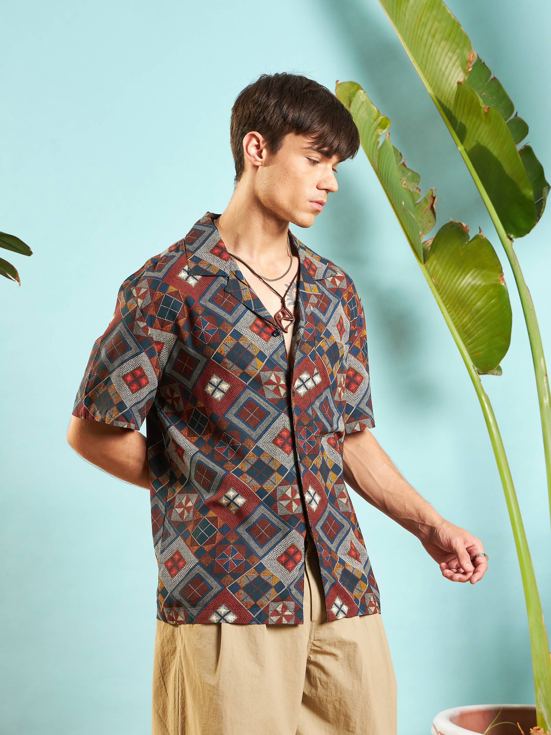 Men Rust Geometric Relax Fit Shirt - Image 3