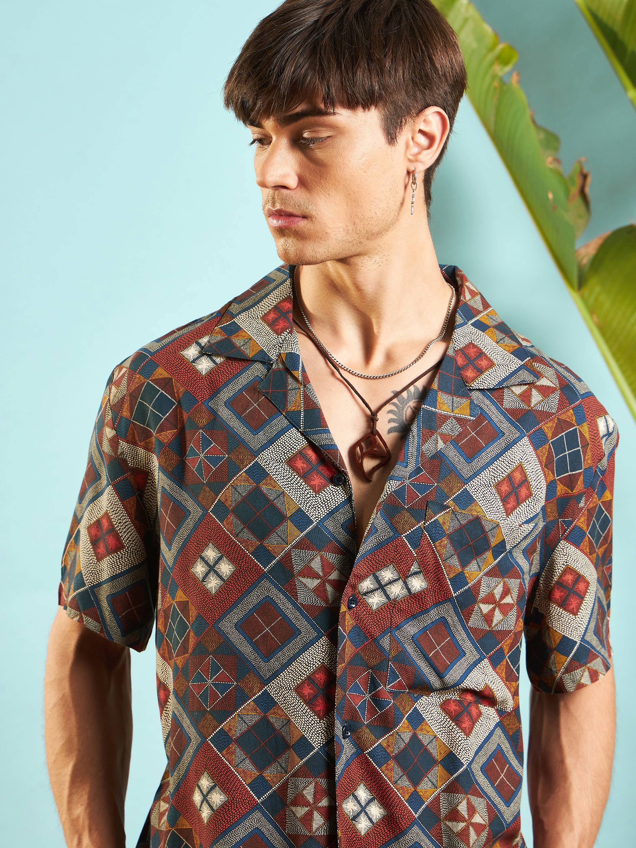 Men Rust Geometric Relax Fit Shirt - Image 4