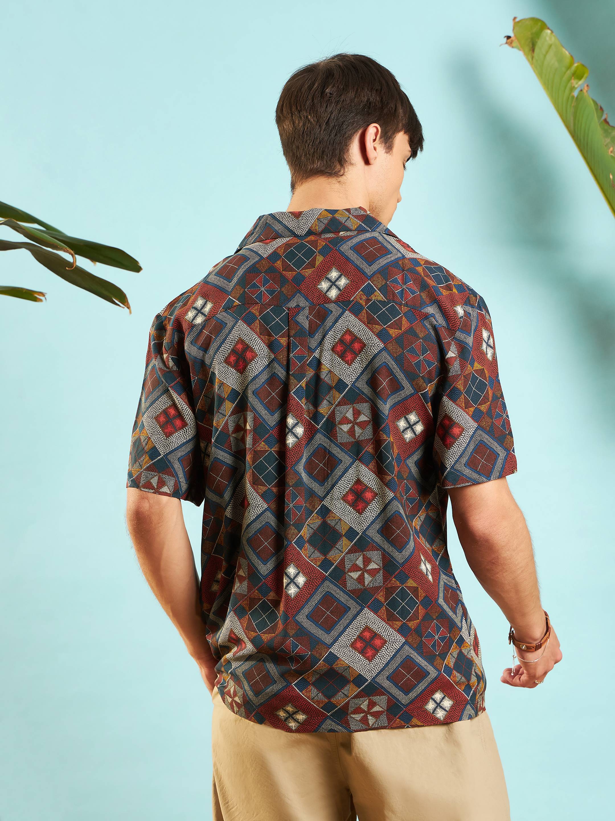 Men Rust Geometric Relax Fit Shirt - Image 5