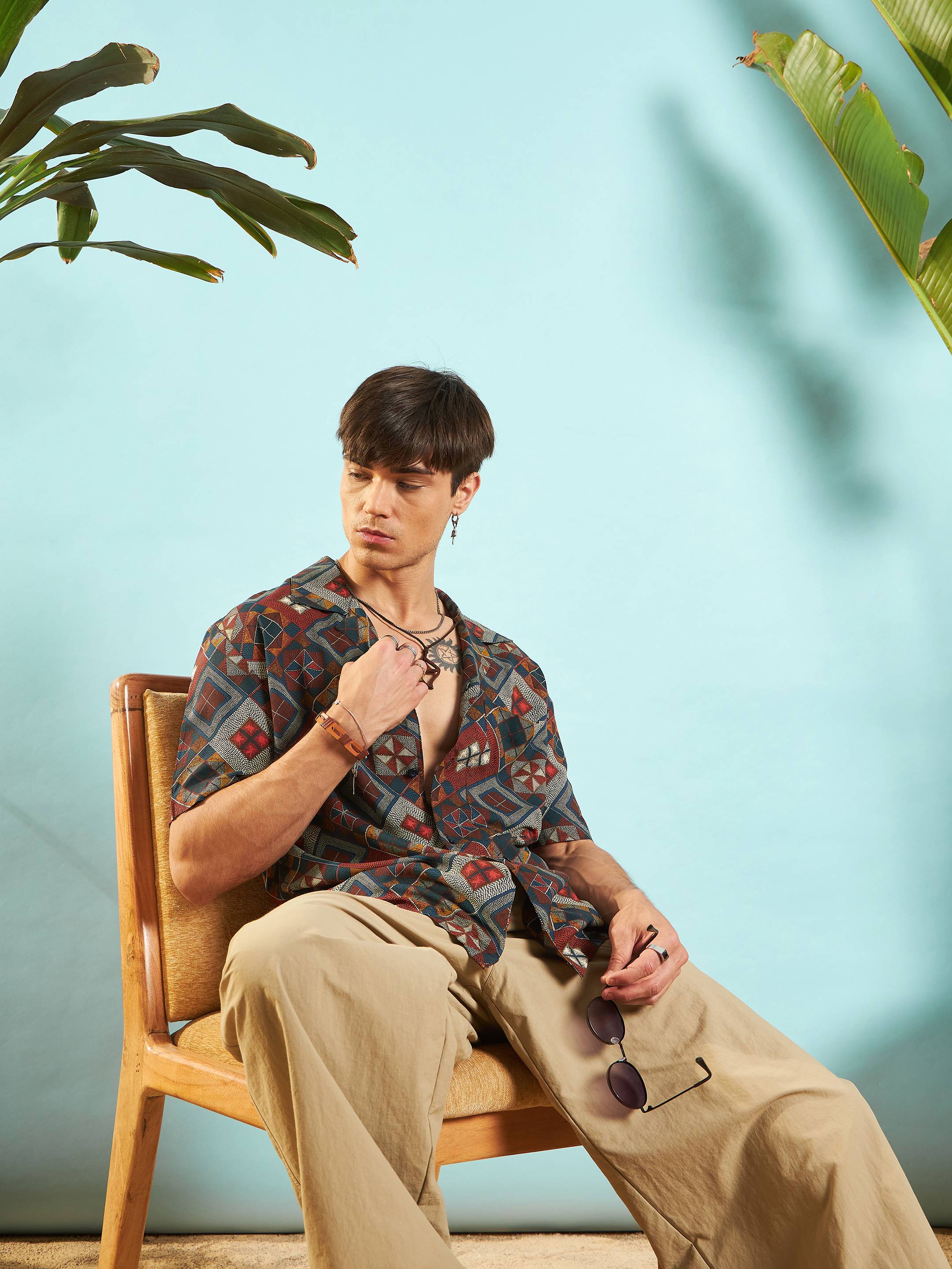 Men Rust Geometric Relax Fit Shirt - Image 6