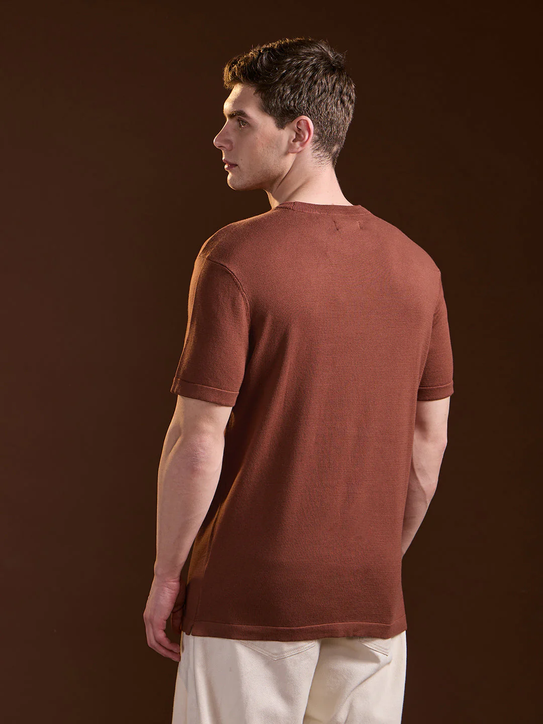 Men Rust Solid Regular Fit Ribbed Crew Neck T-shirt - Image 2