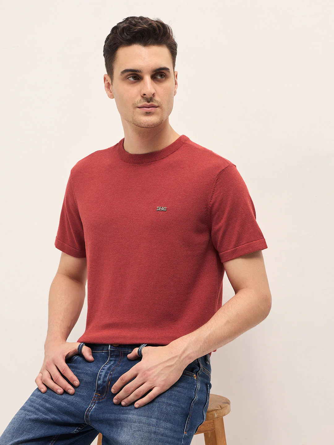 Men Rust Solid Regular Fit Ribbed Crew Neck T-shirt