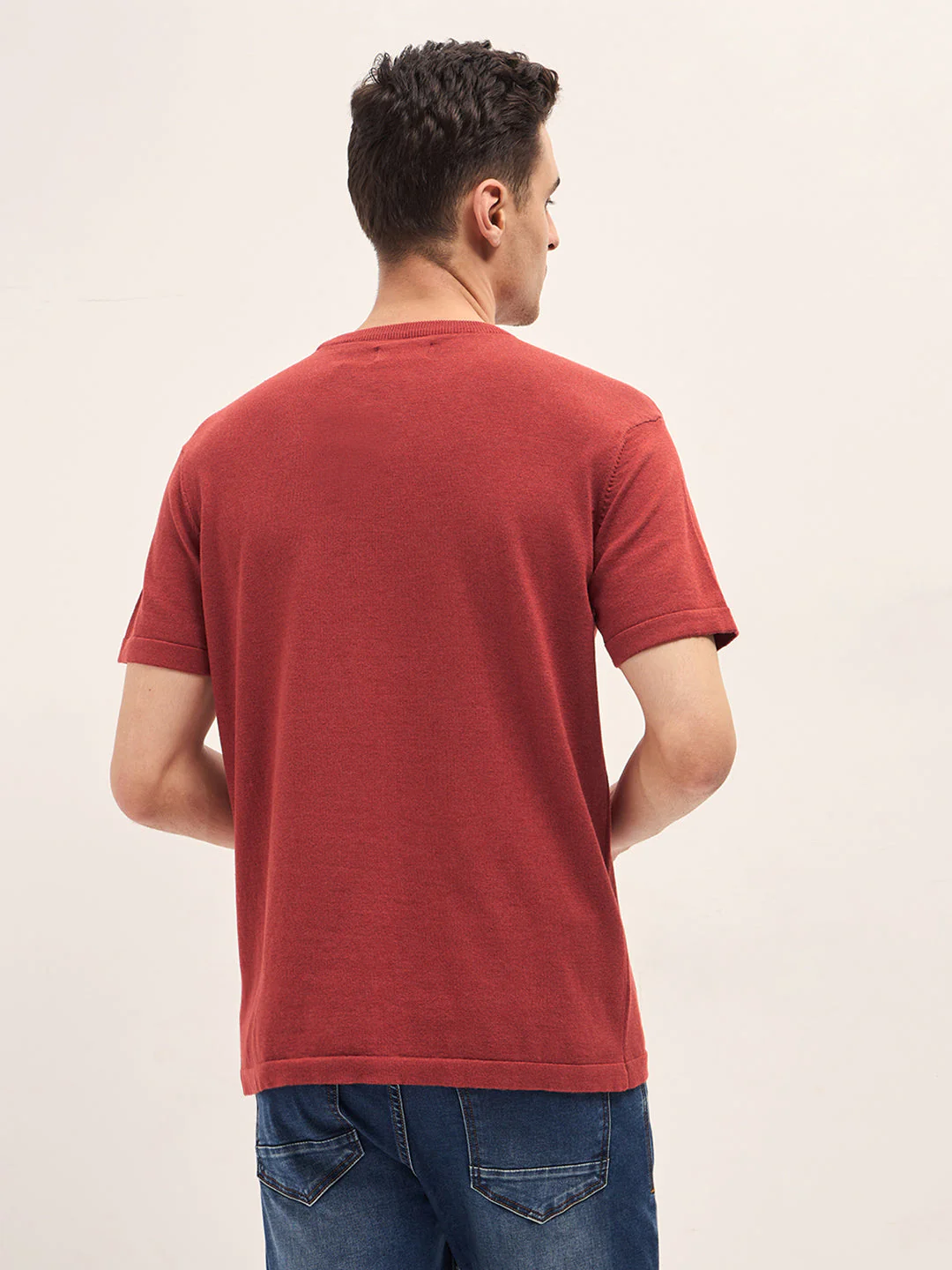 Men Rust Solid Regular Fit Ribbed Crew Neck T-shirt - Image 2