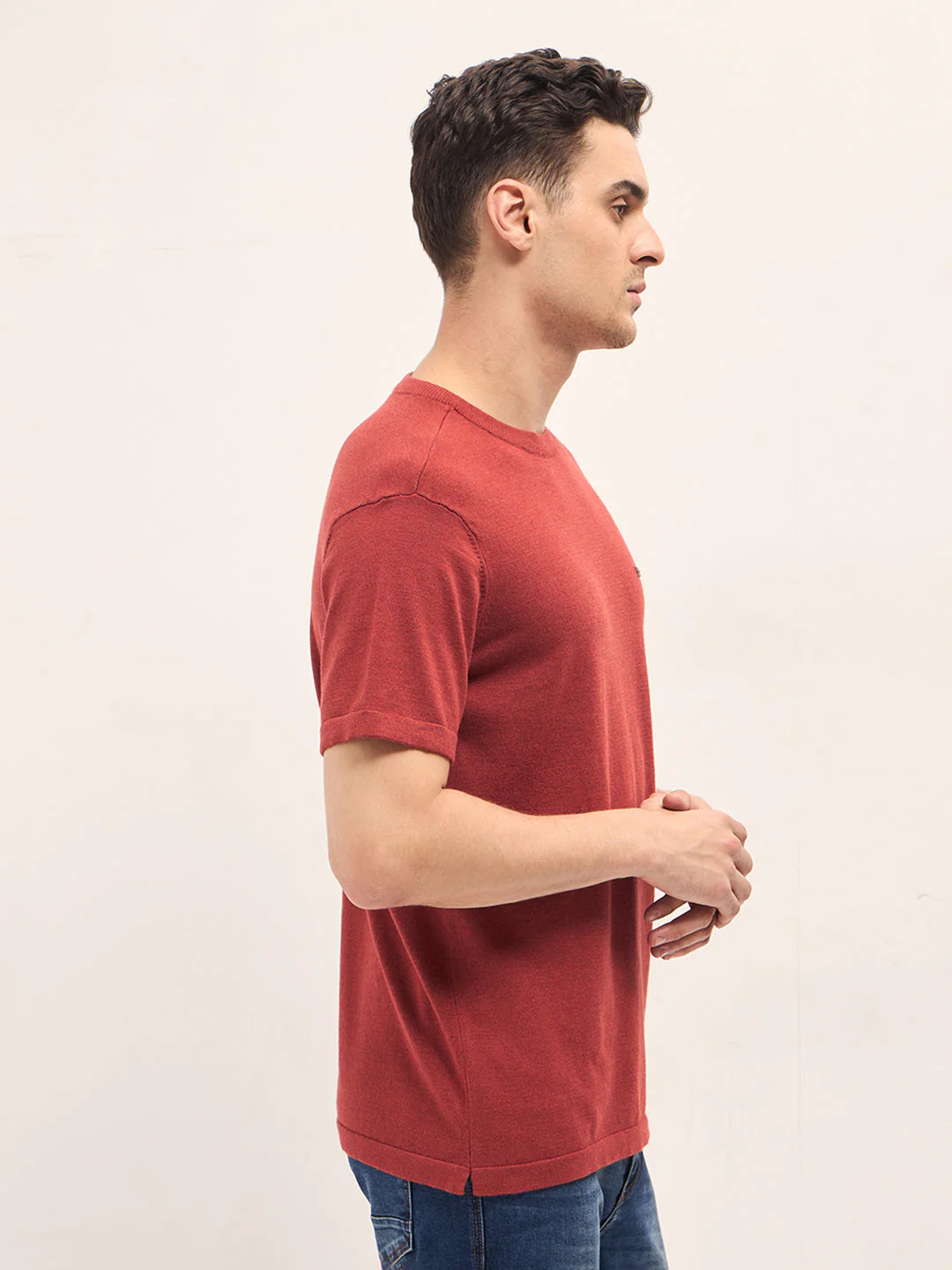 Men Rust Solid Regular Fit Ribbed Crew Neck T-shirt - Image 3