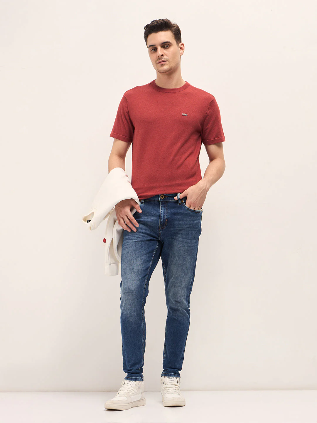 Men Rust Solid Regular Fit Ribbed Crew Neck T-shirt - Image 4