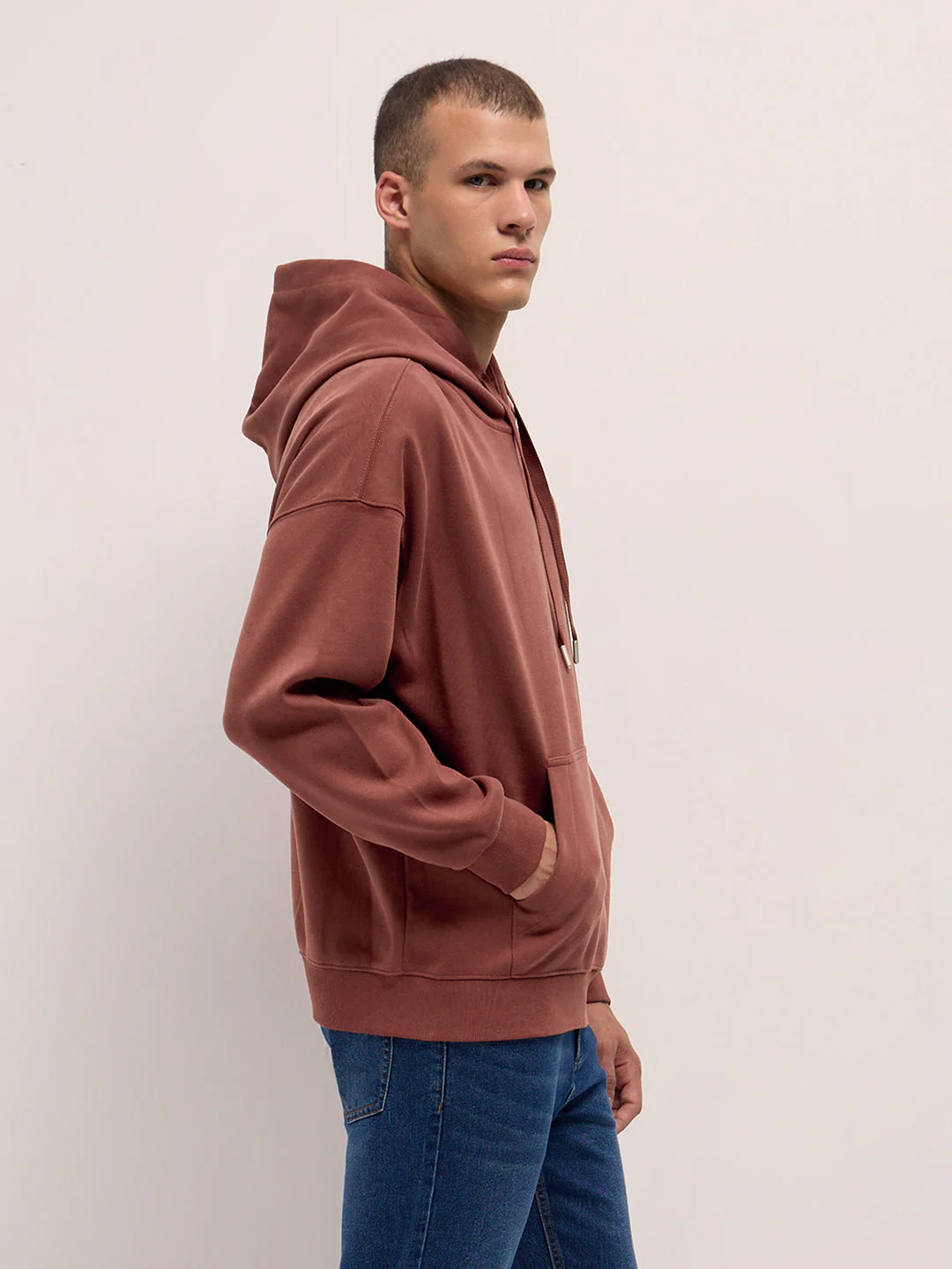 Men Rust Solid Relax Fit Hoodie - Image 3