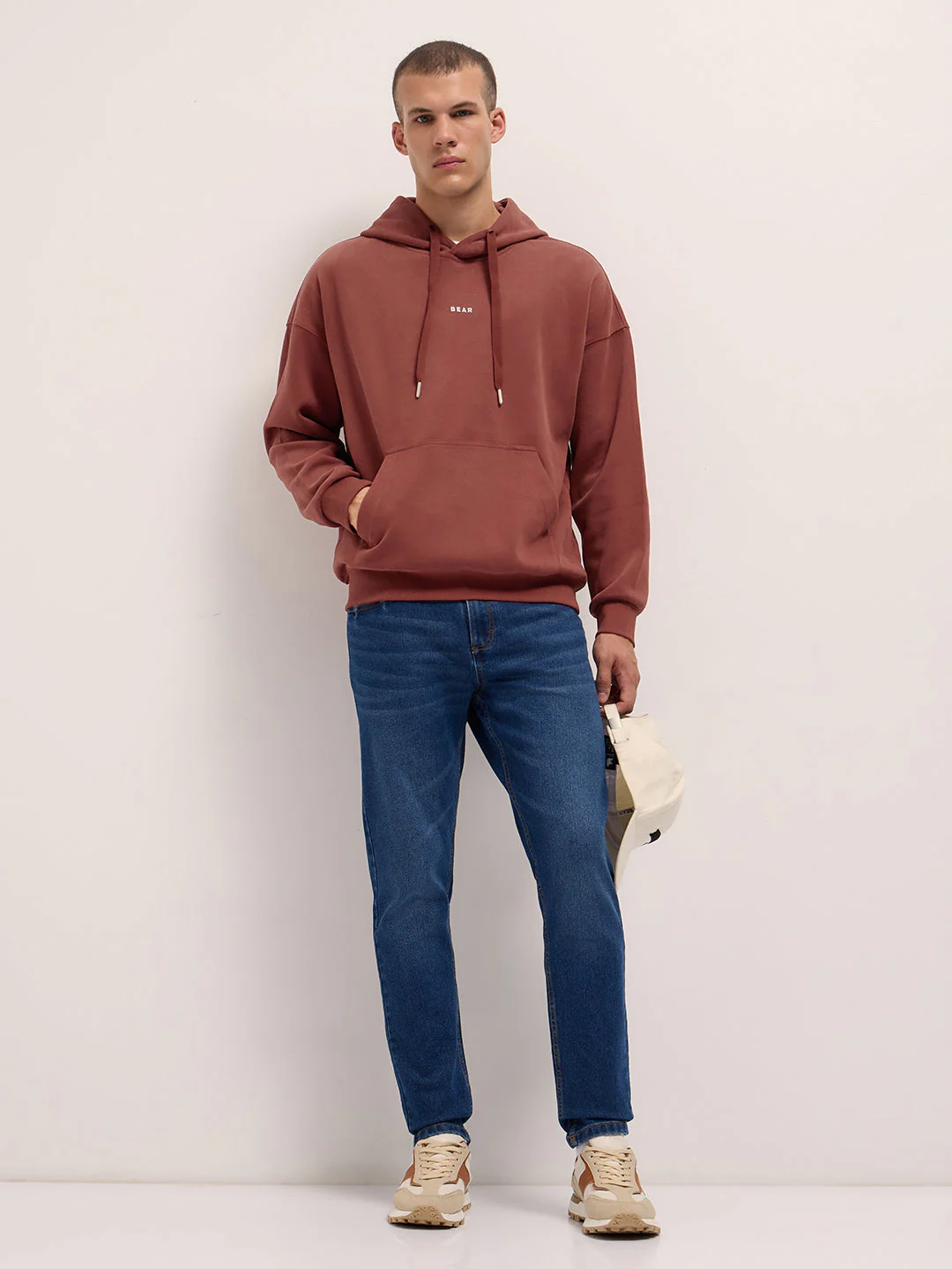 Men Rust Solid Relax Fit Hoodie - Image 4