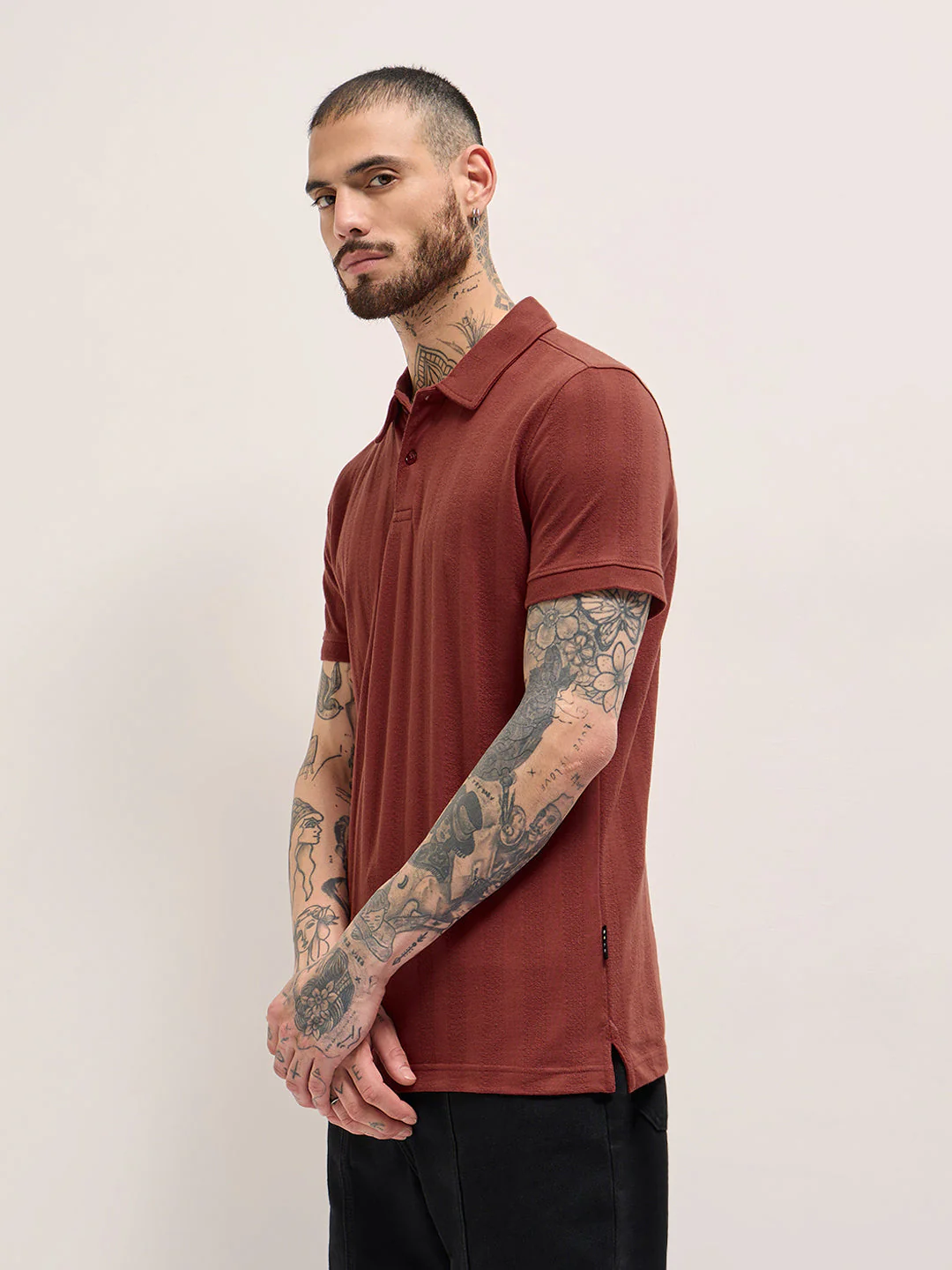 Men Rust Texture Self-Striped Design Slim Fit Polo - Image 3