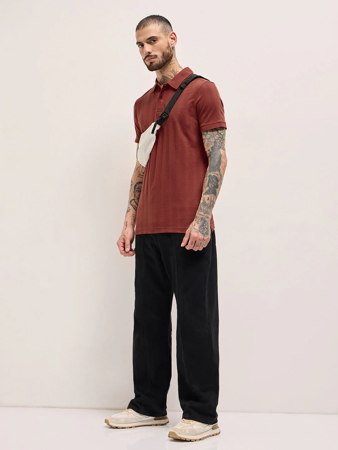 Men Rust Texture Self-Striped Design Slim Fit Polo - Image 4