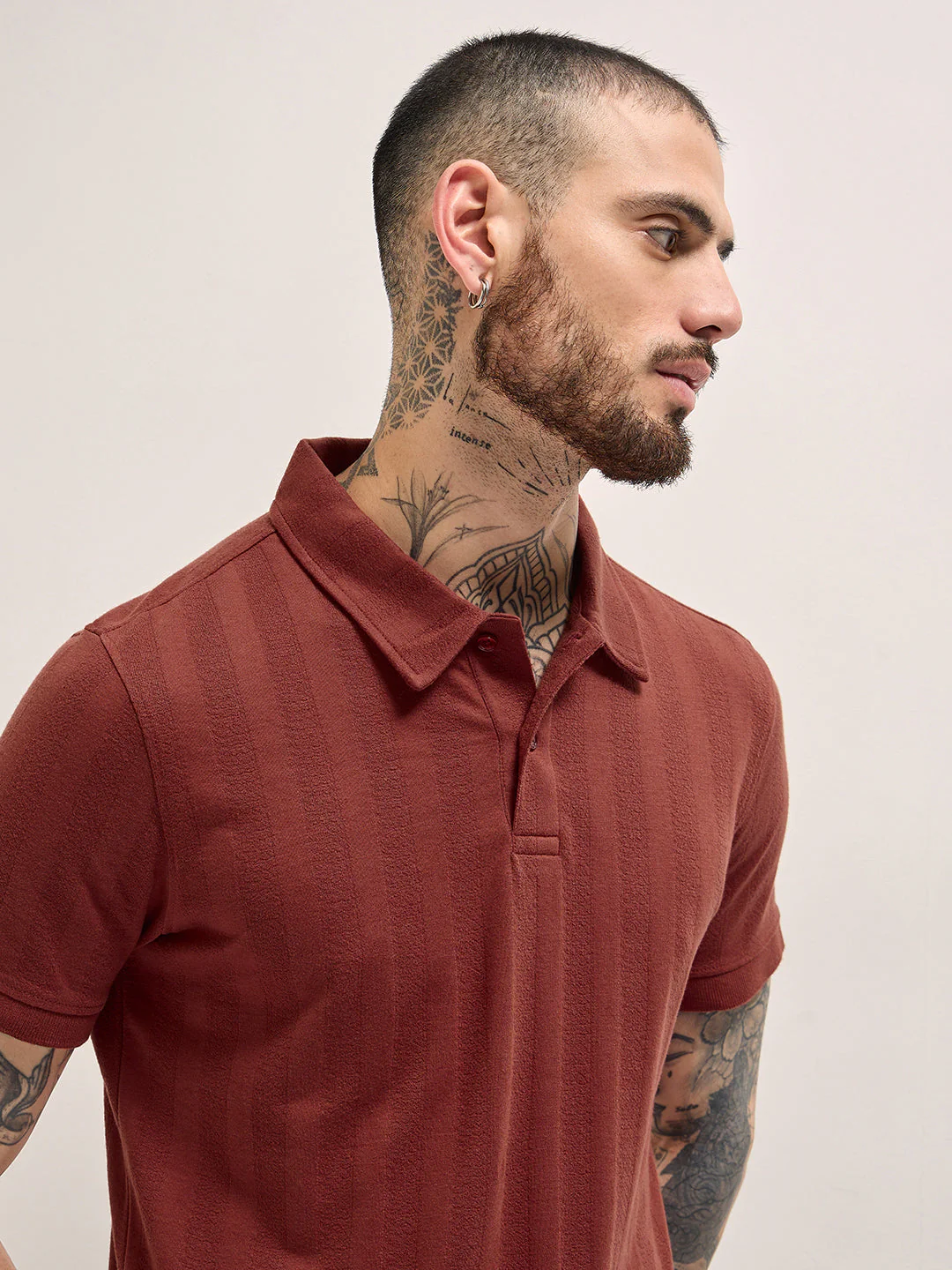Men Rust Texture Self-Striped Design Slim Fit Polo - Image 5