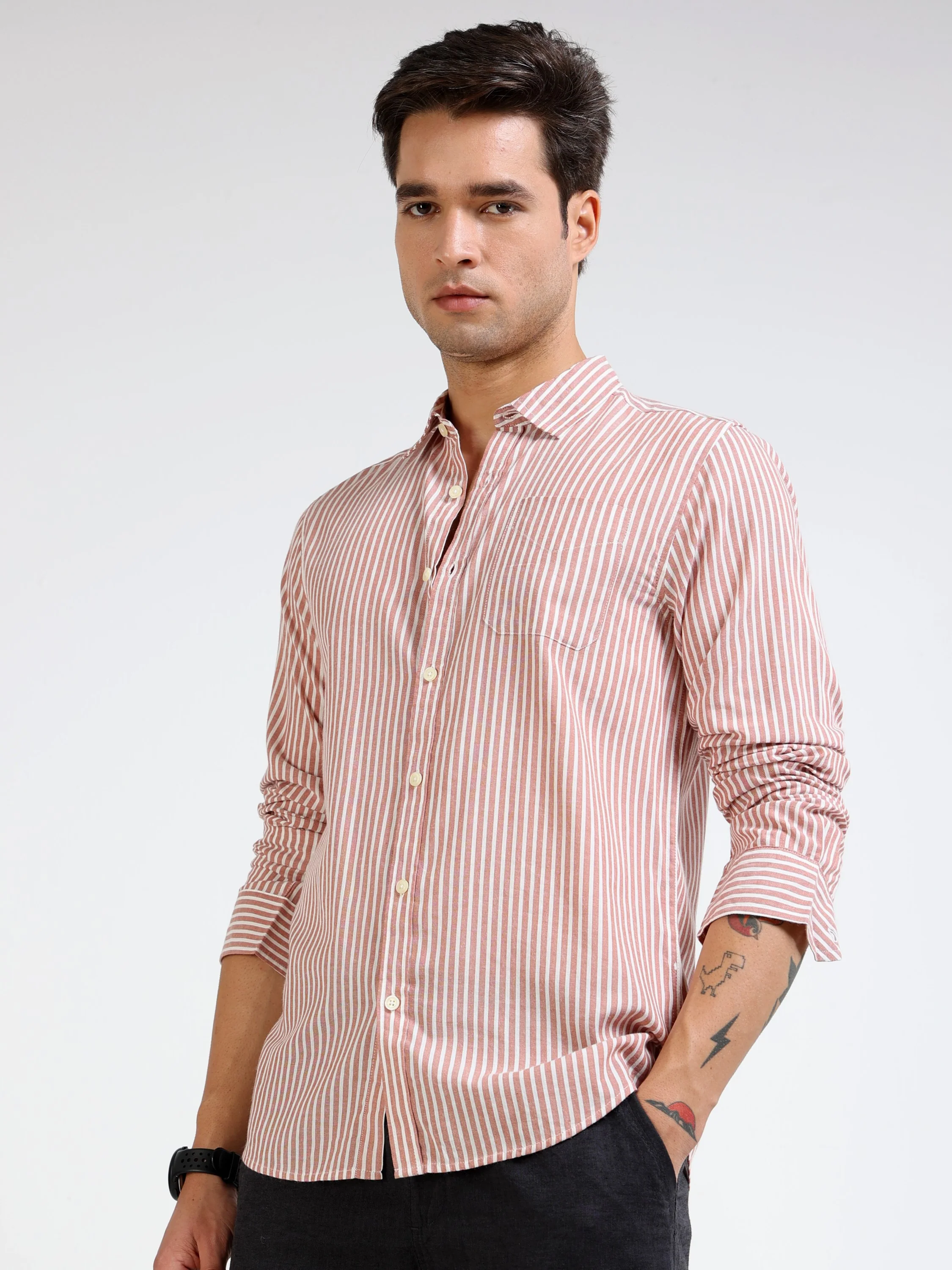 Men Rust & White Stripe Shirt - Image 5