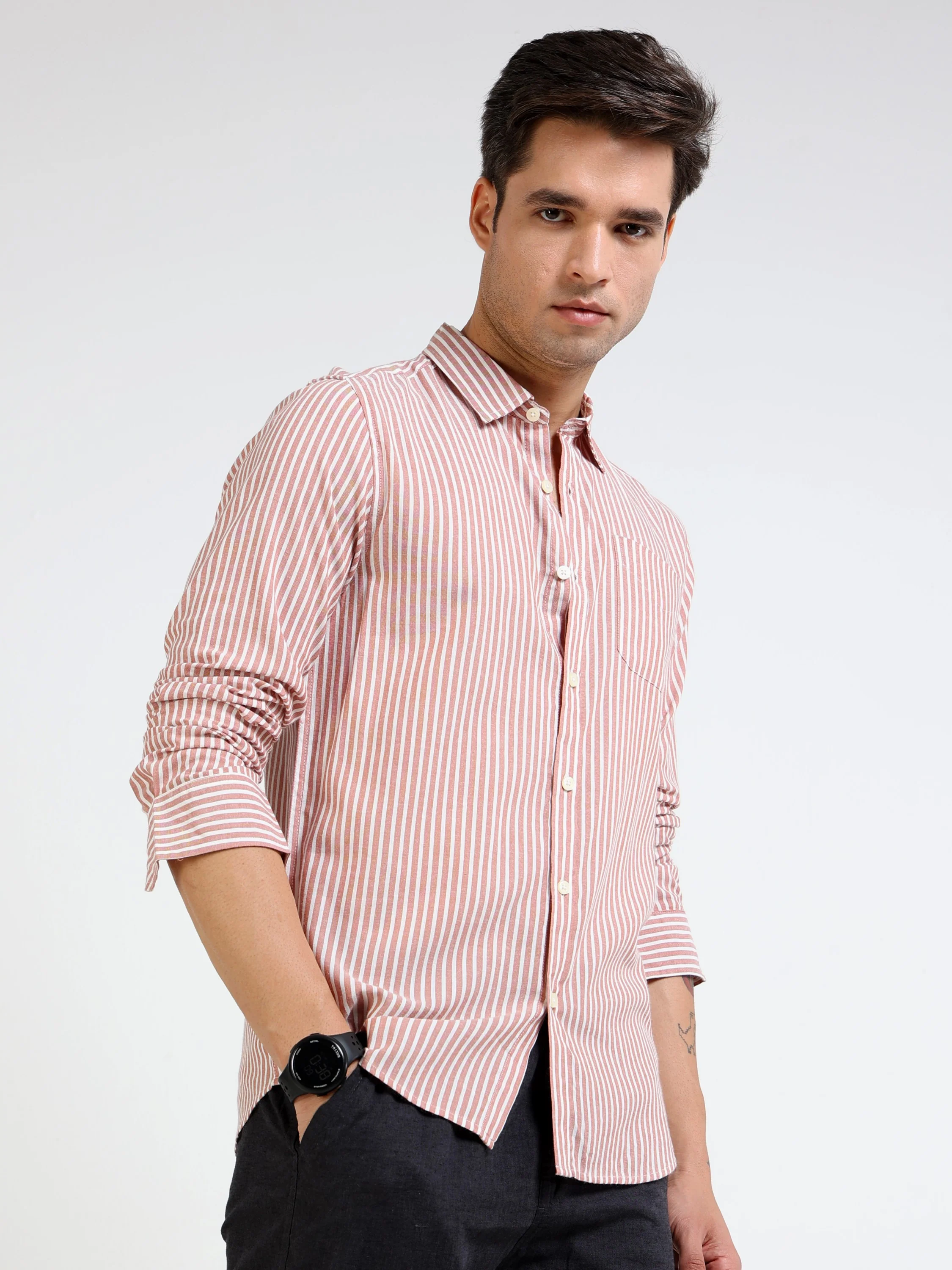 Men Rust & White Stripe Shirt - Image 6