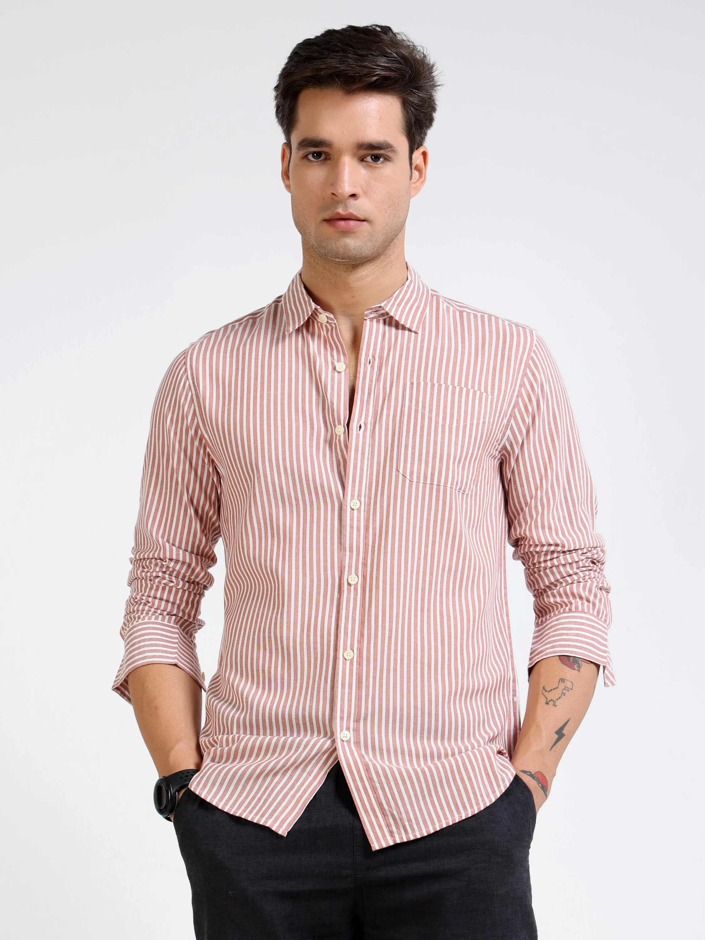 Men Rust & White Stripe Shirt - Image 7