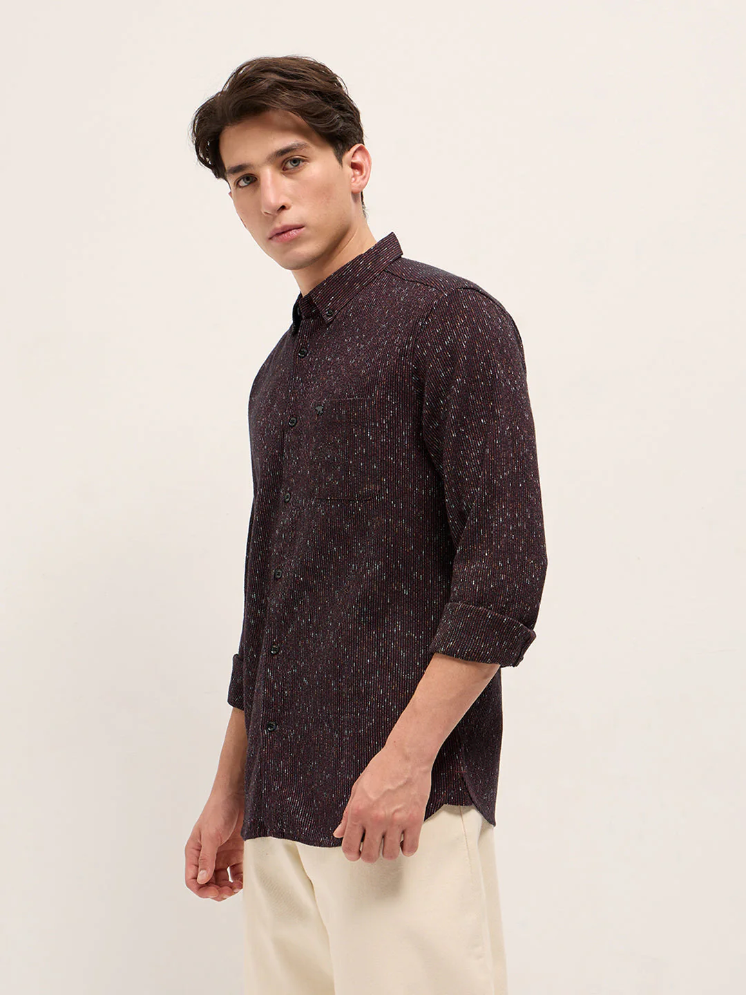 Men Rust Woven Design Cotton Blend Slim Fit Casual Shirt - Image 3