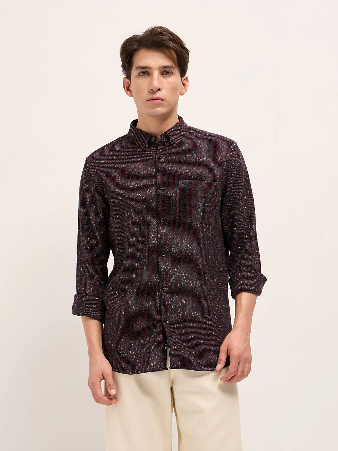 Men Rust Woven Design Cotton Blend Slim Fit Casual Shirt - Image 6
