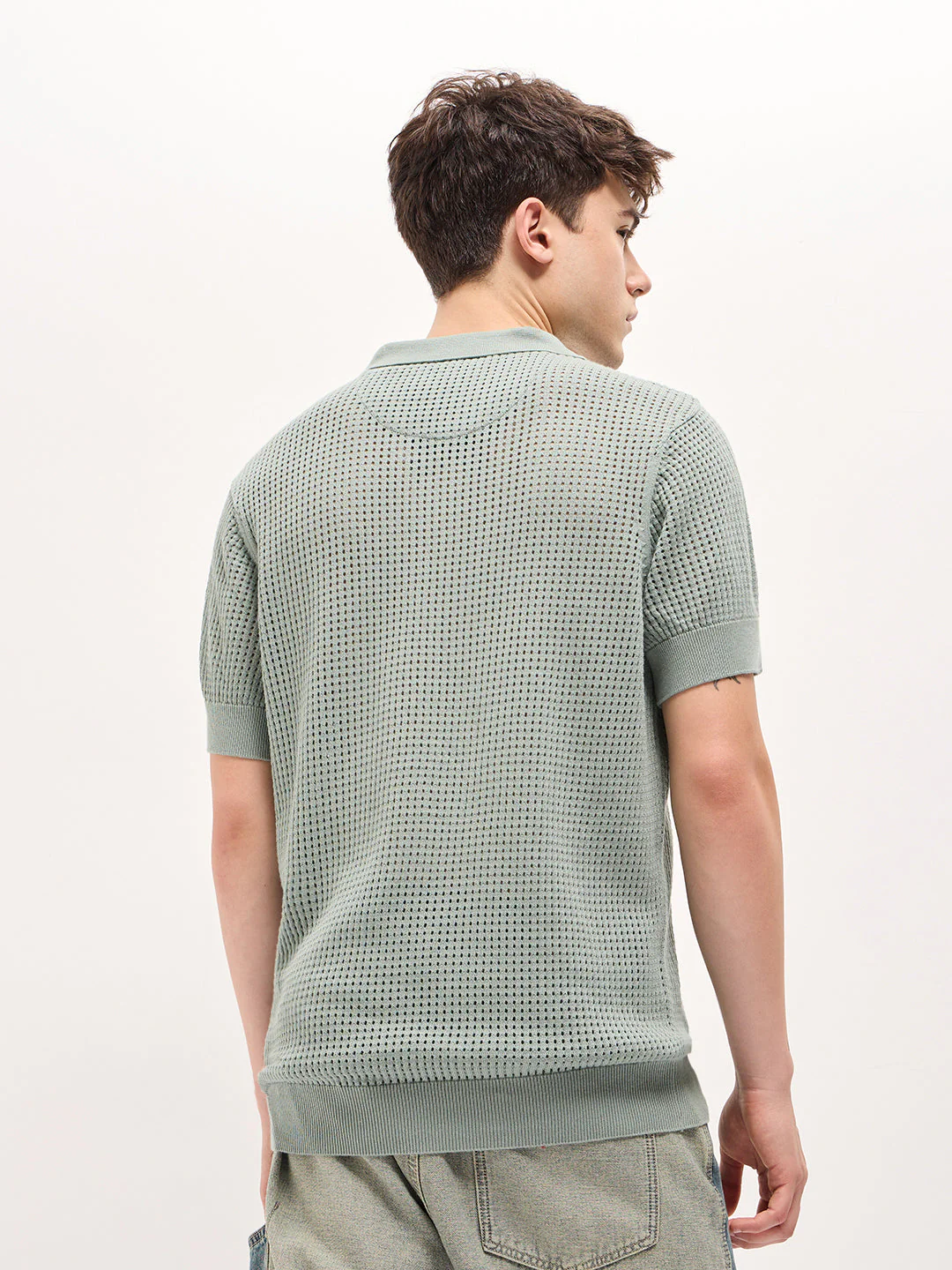 Men Sage Green Textured Knit Regular Fit Polo T-shirt - Image 2