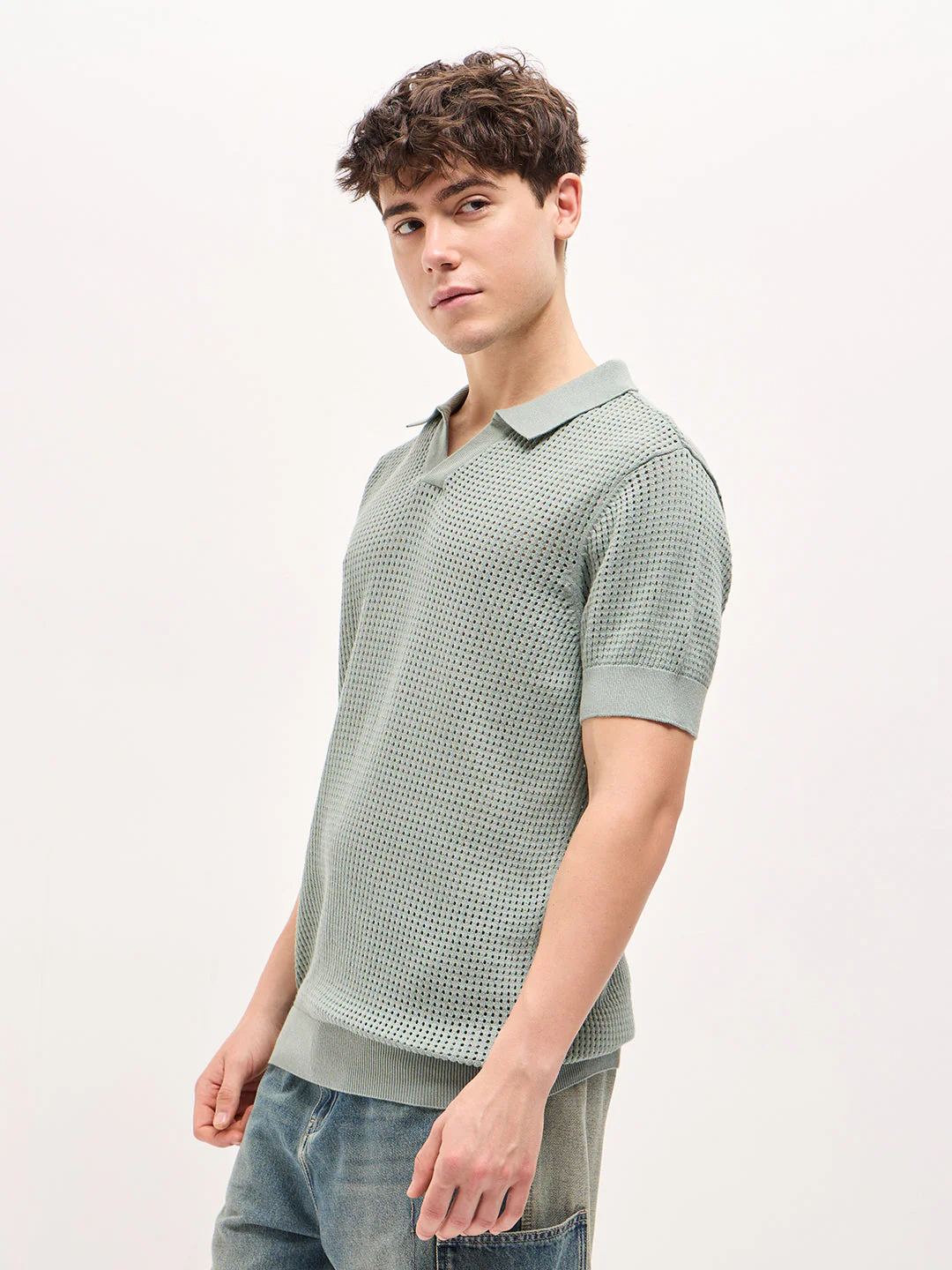 Men Sage Green Textured Knit Regular Fit Polo T-shirt - Image 3