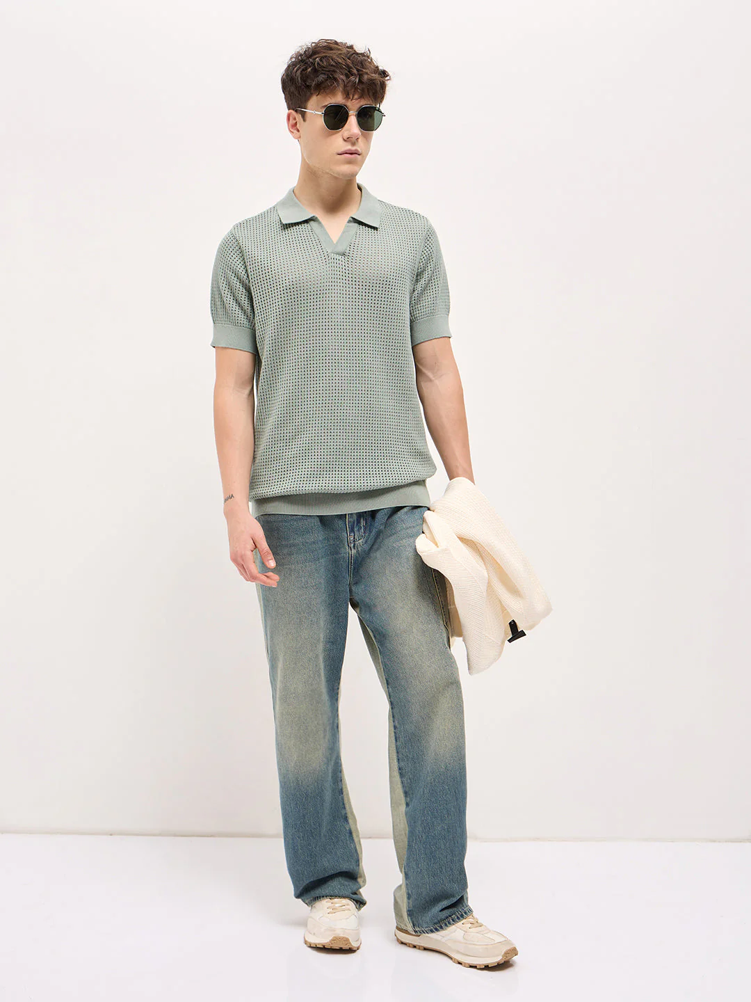 Men Sage Green Textured Knit Regular Fit Polo T-shirt - Image 4
