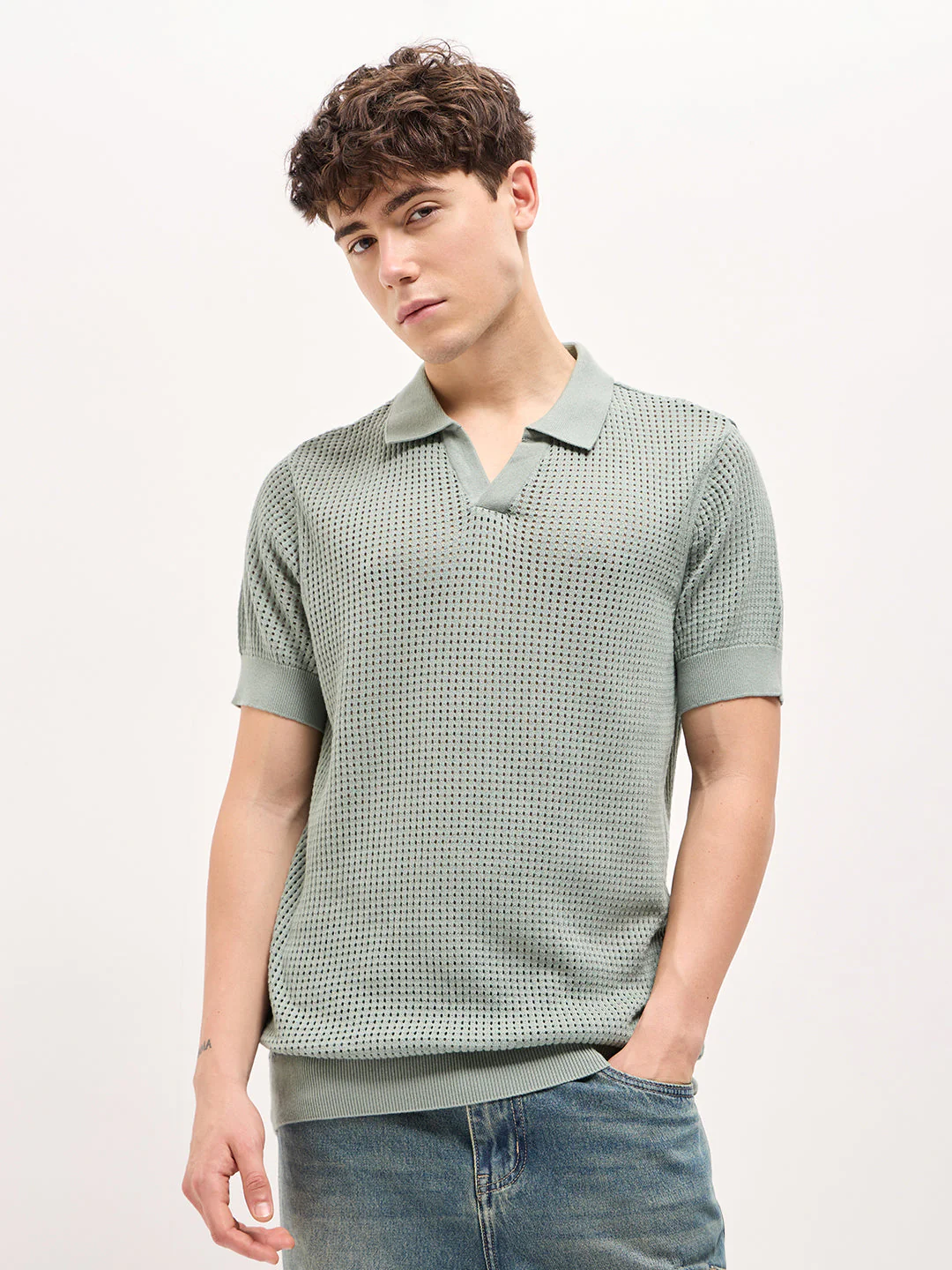Men Sage Green Textured Knit Regular Fit Polo T-shirt - Image 6