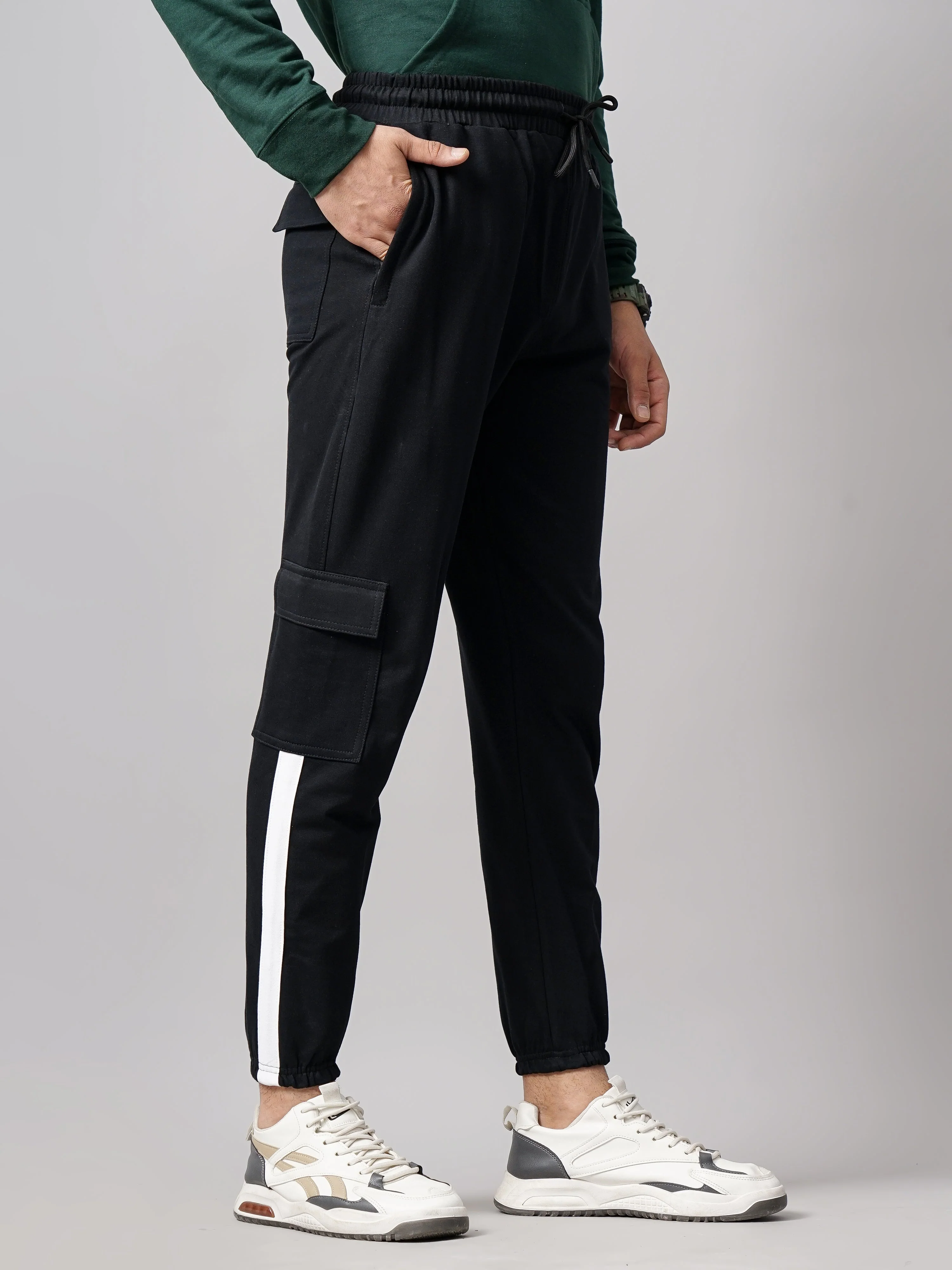 Men Sash Black Knitted Cargo Pant - Image 3