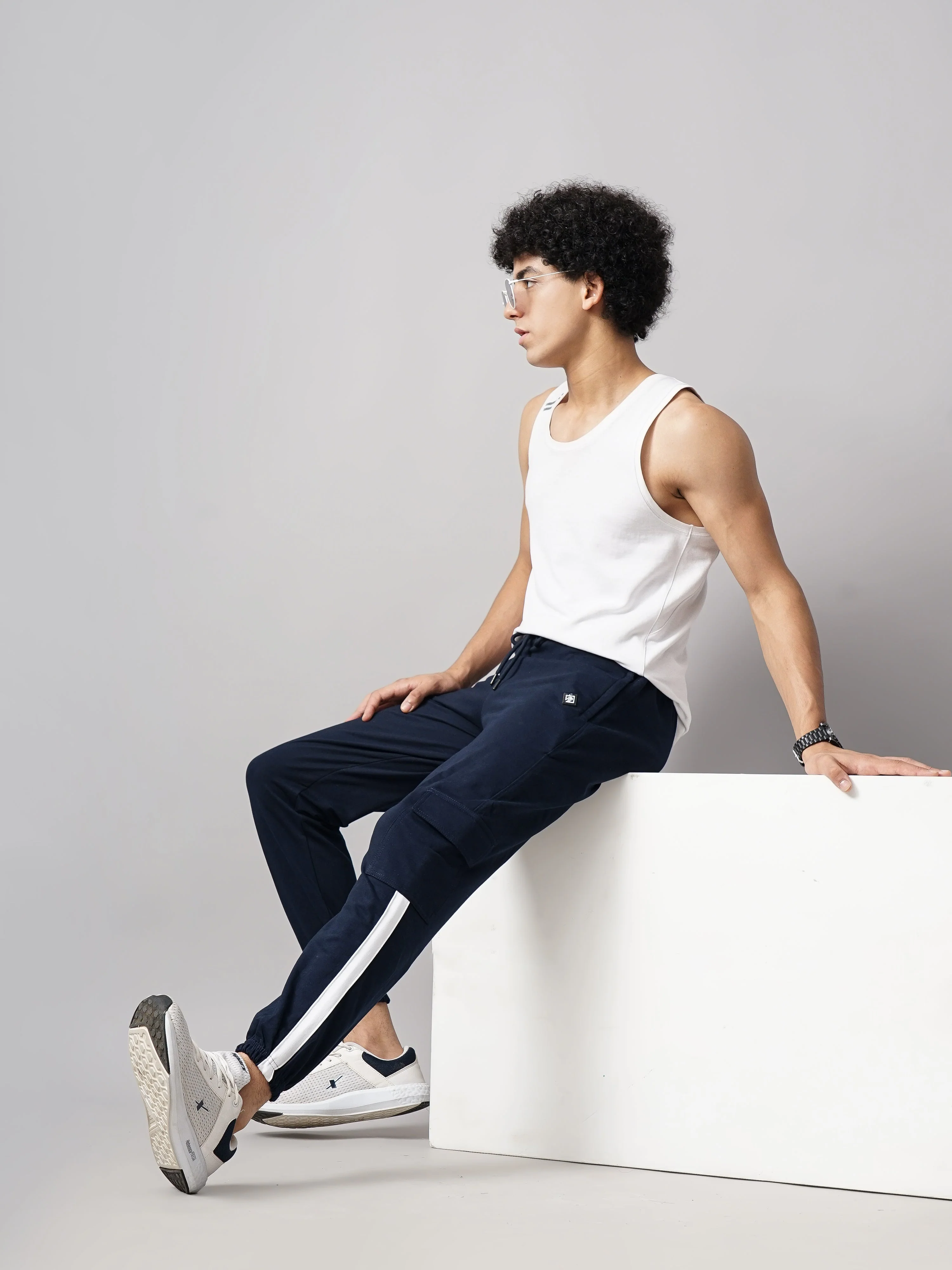 Men Sash Navy Knitted Cargo Pant - Image 2