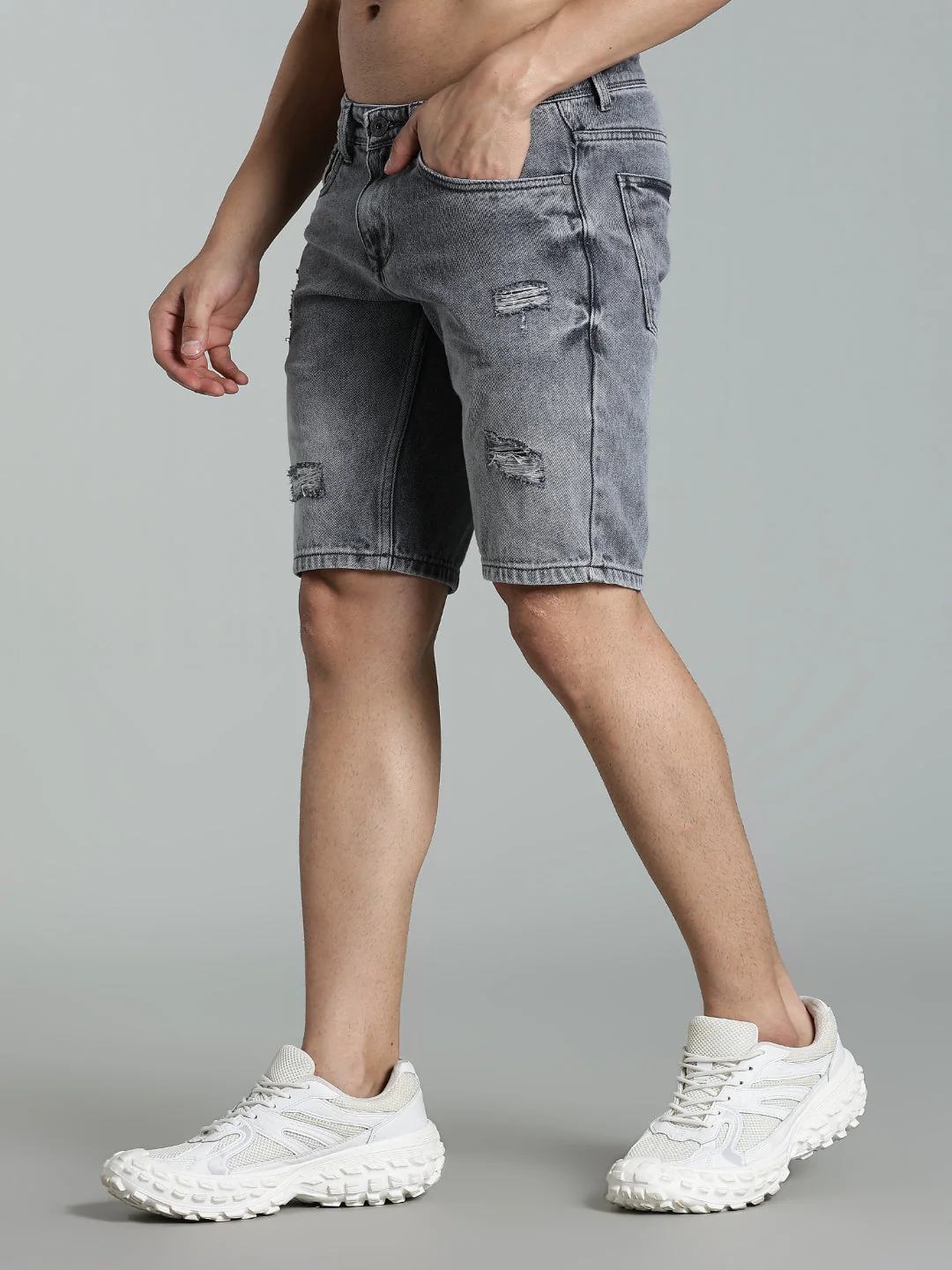 Men Scuff Light Grey Denim Shorts - Image 3