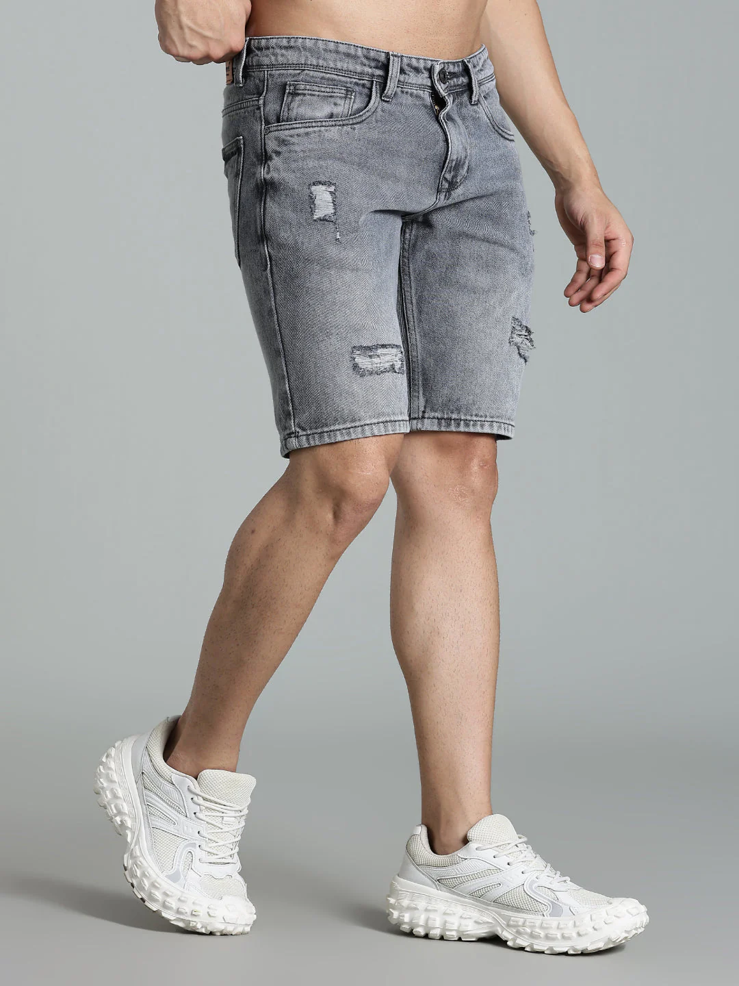 Men Scuff Light Grey Denim Shorts - Image 6