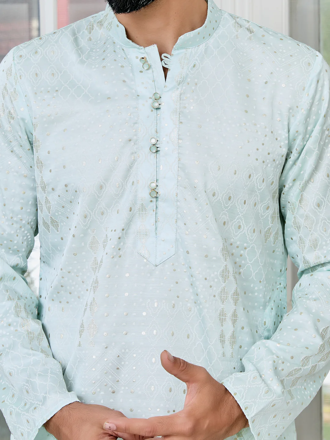 Men Sea Embossed and Foil Kurta - Image 2