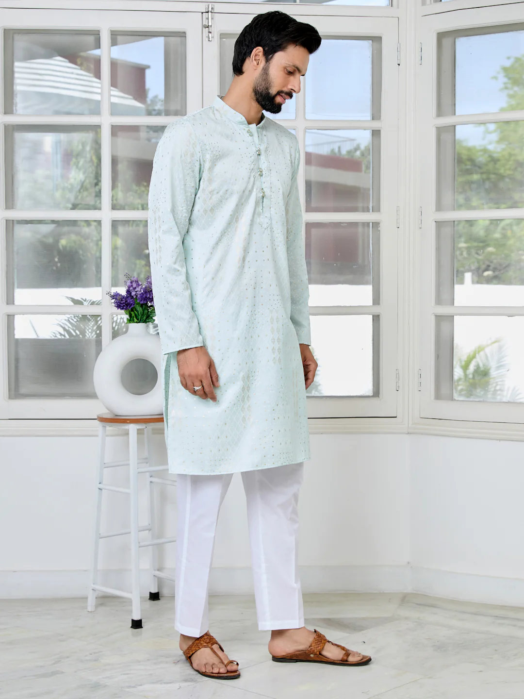 Men Sea Embossed and Foil Kurta - Image 3
