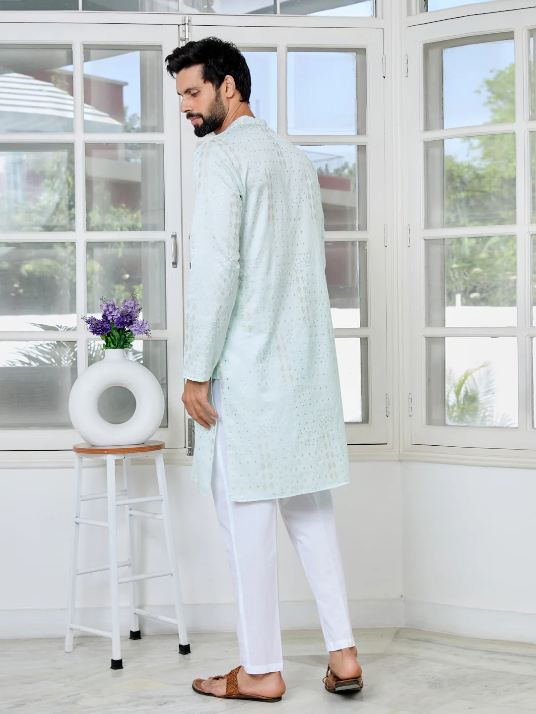 Men Sea Embossed and Foil Kurta - Image 4