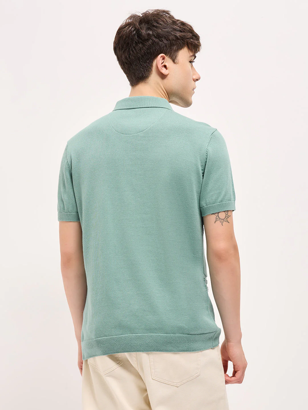 Men Sea Green Horizontal Textured Knit Regular Fit Polo T-shirt - Image 2