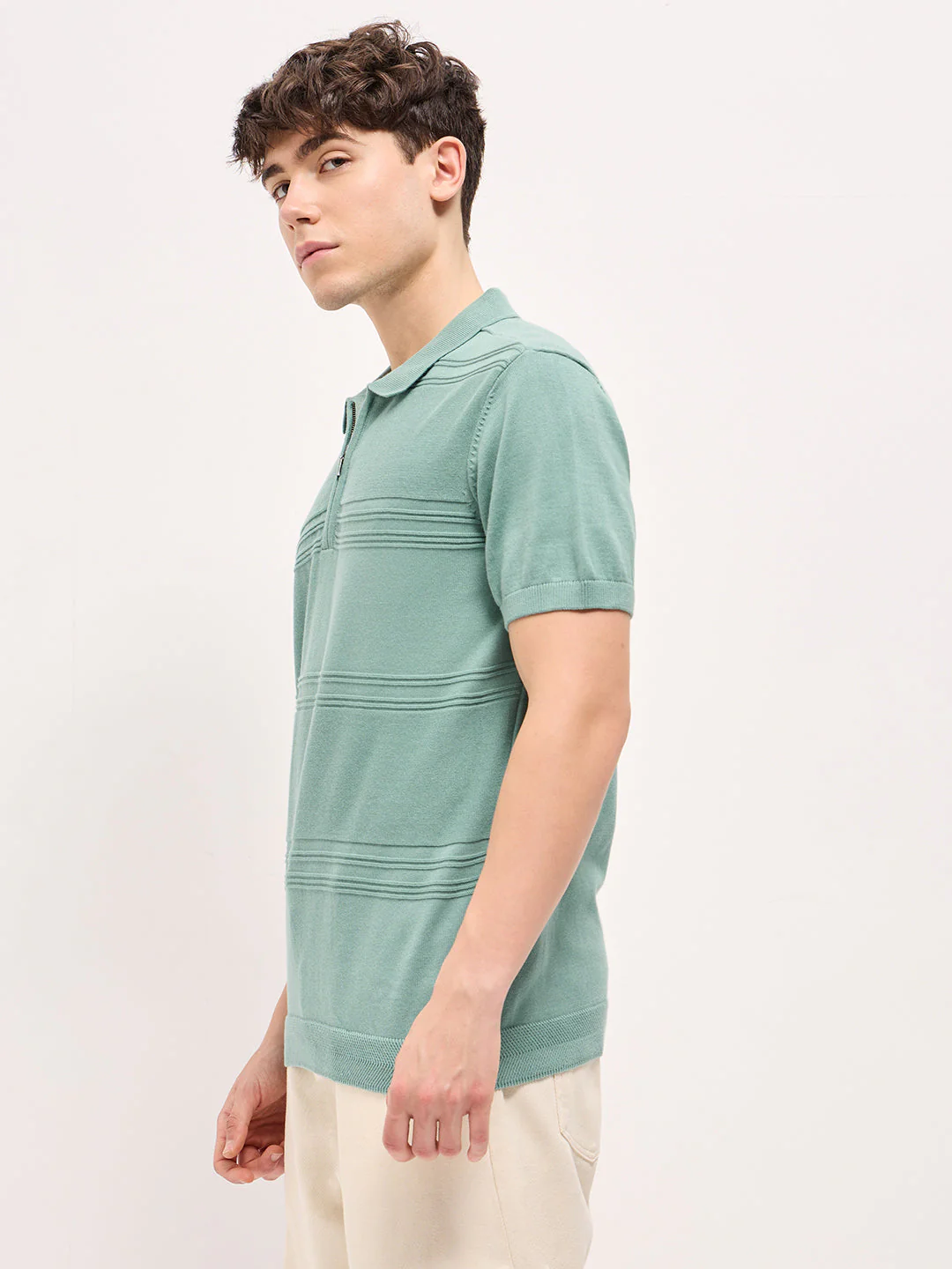 Men Sea Green Horizontal Textured Knit Regular Fit Polo T-shirt - Image 3