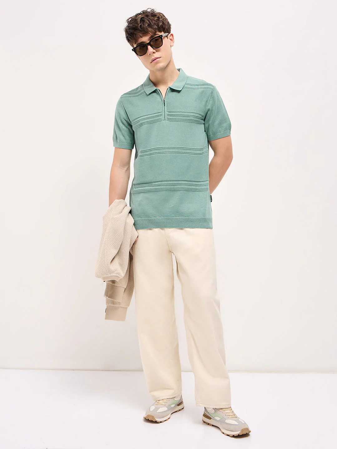 Men Sea Green Horizontal Textured Knit Regular Fit Polo T-shirt - Image 4