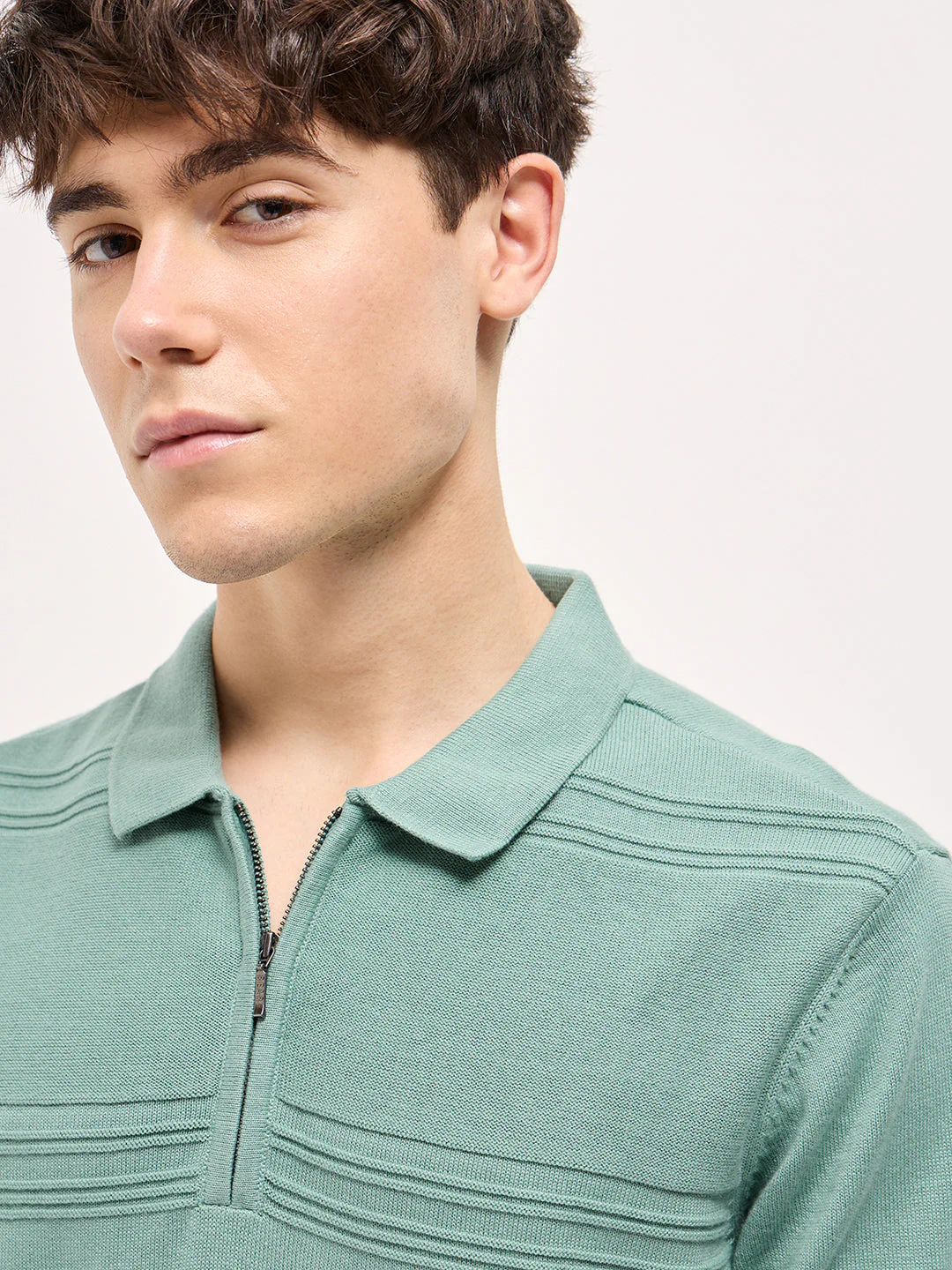 Men Sea Green Horizontal Textured Knit Regular Fit Polo T-shirt - Image 5