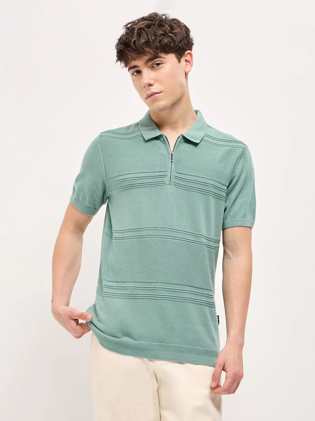 Men Sea Green Horizontal Textured Knit Regular Fit Polo T-shirt - Image 6