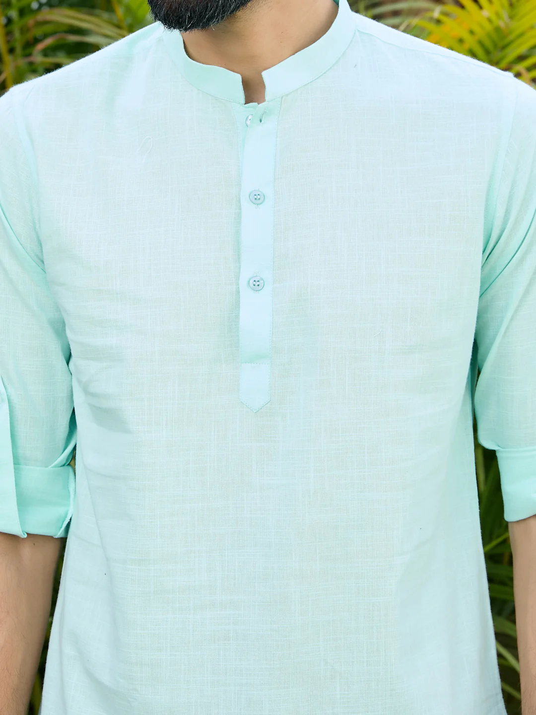 Men Sea Green Pure Cotton Slub Short Kurta - Image 2