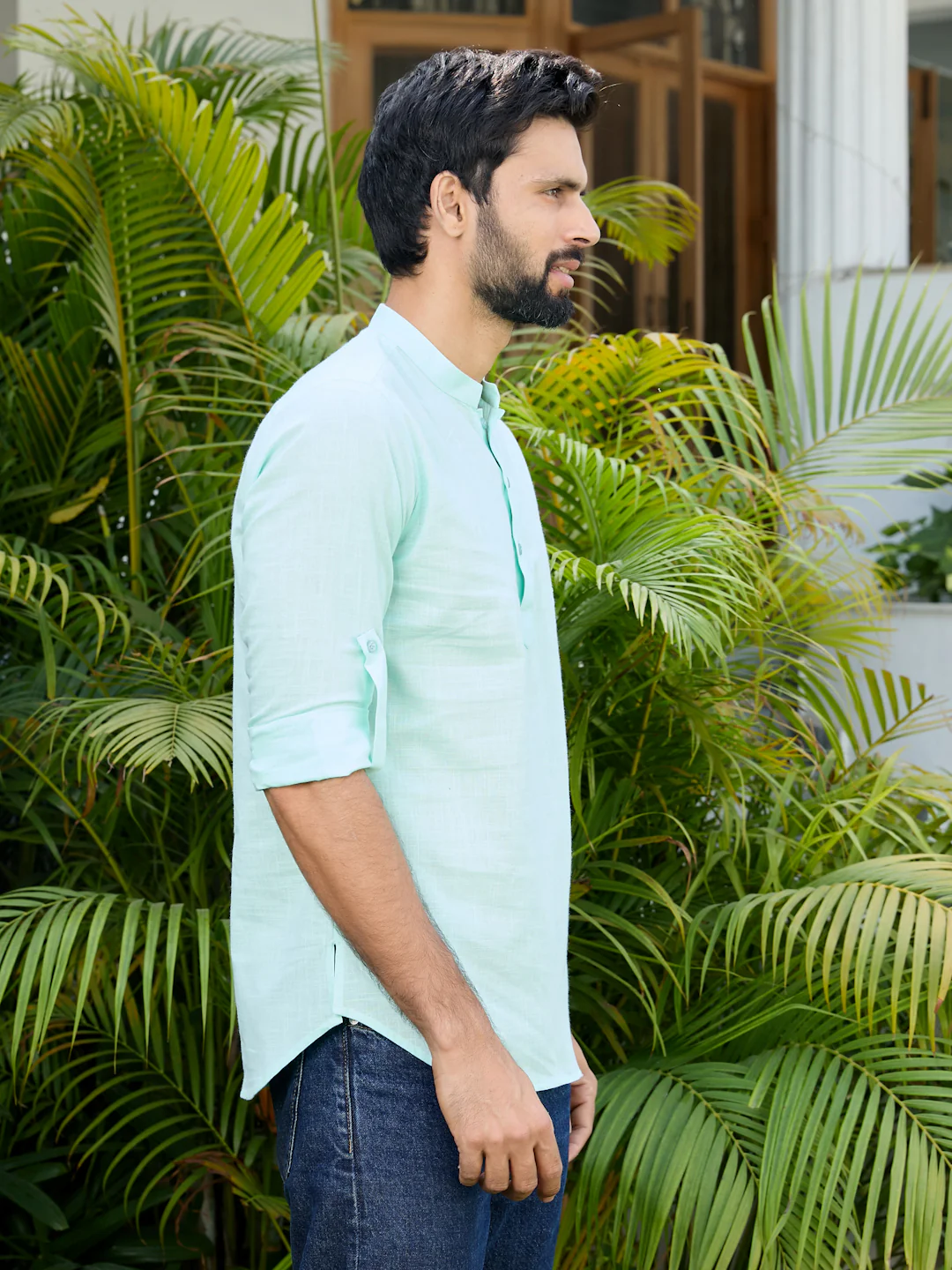 Men Sea Green Pure Cotton Slub Short Kurta - Image 3