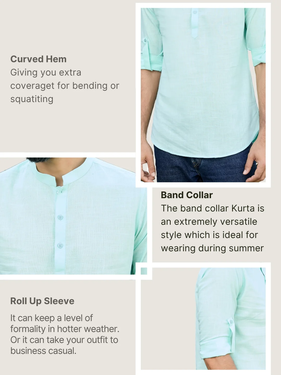 Men Sea Green Pure Cotton Slub Short Kurta - Image 4