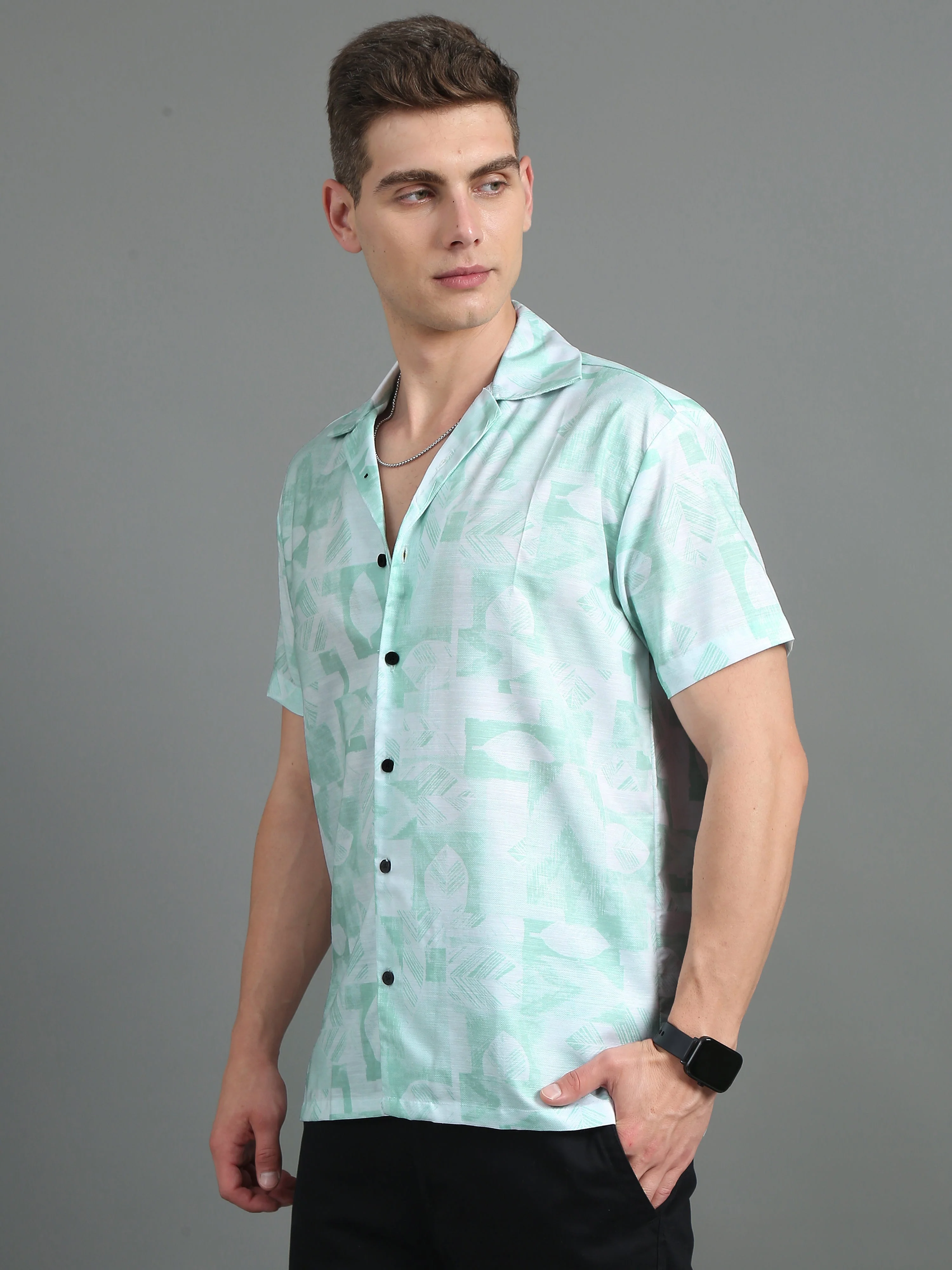 Men Serrate Green Floral Shirt - Image 3