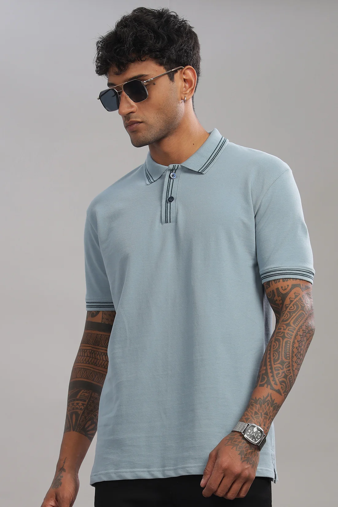 Men Shadow Blue Regular Fit Polo T-Shirt - Image 6