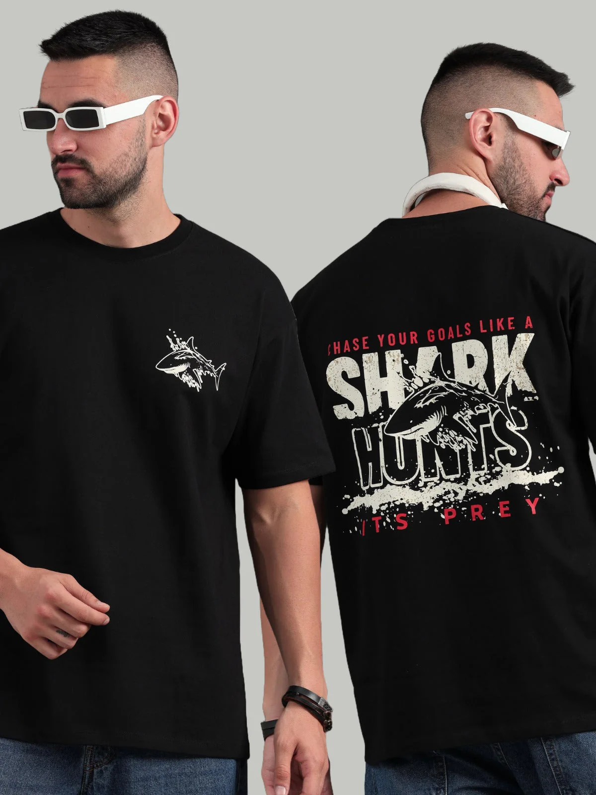 Men Shark Hunts Black Oversized T-Shirt - Image 3