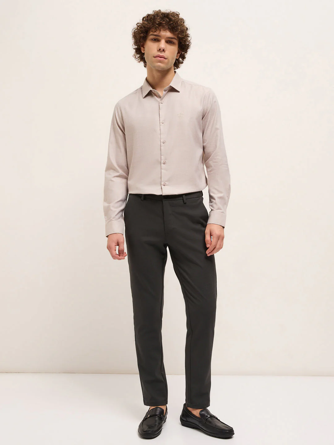 Men Shirt Beige Solid Tailored Fit Formal Shirt - Image 4