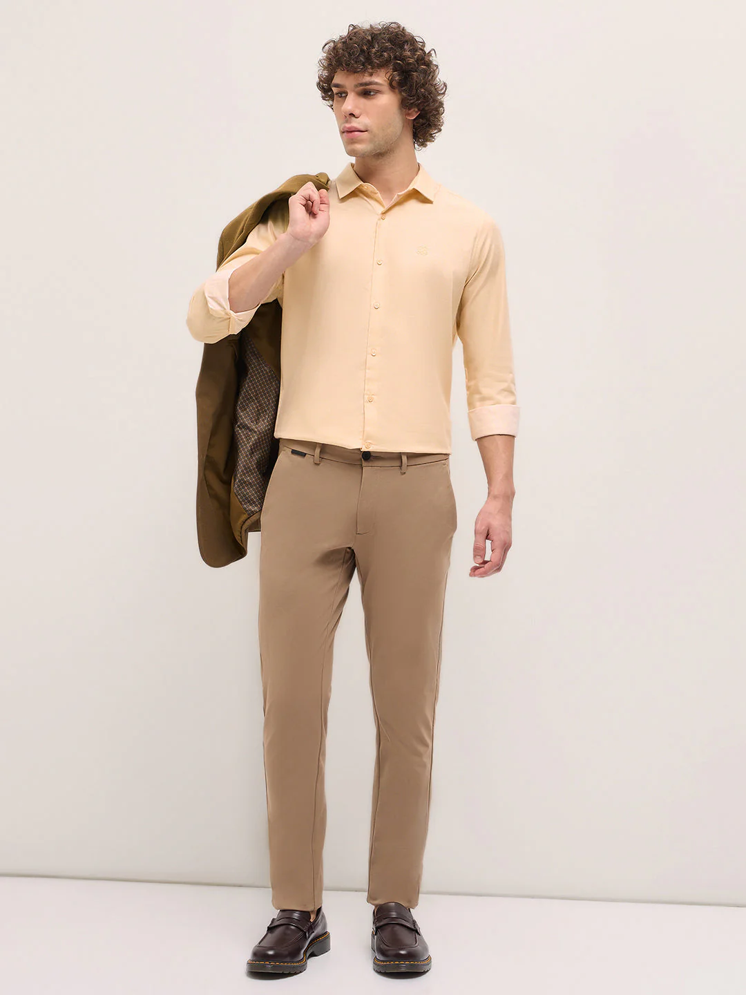 Men Shirt Beige Solid Tailored Fit Formal Shirt - Image 4