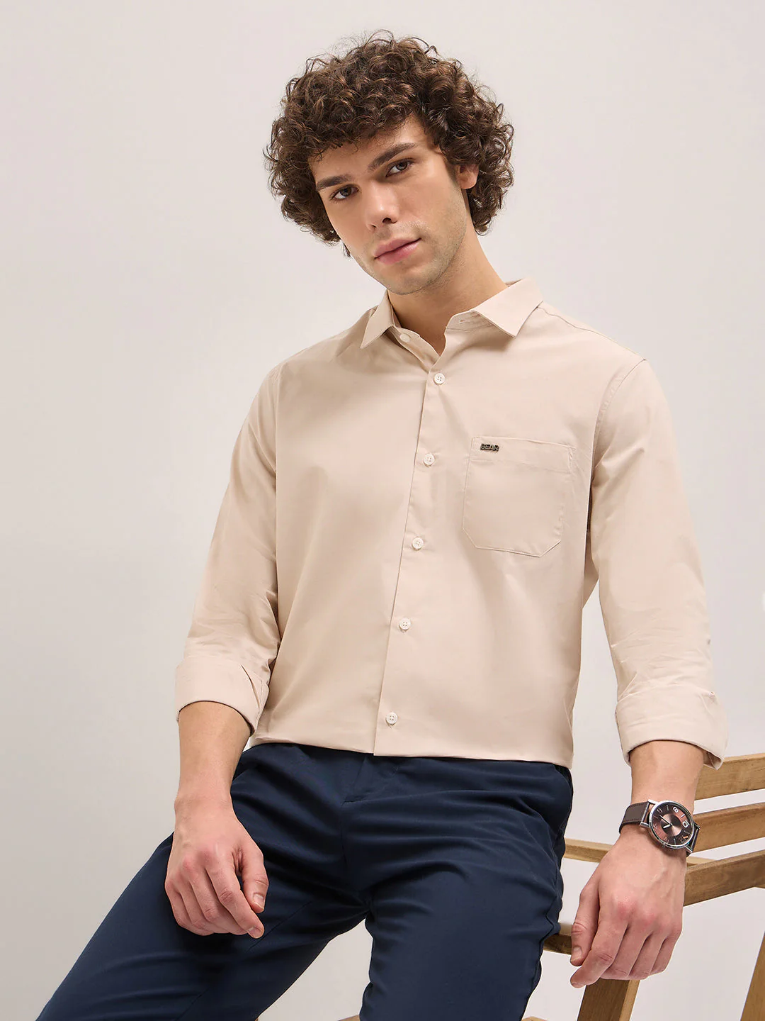 Men Shirt Beige Tailored Fit Cotton Formal Shirt