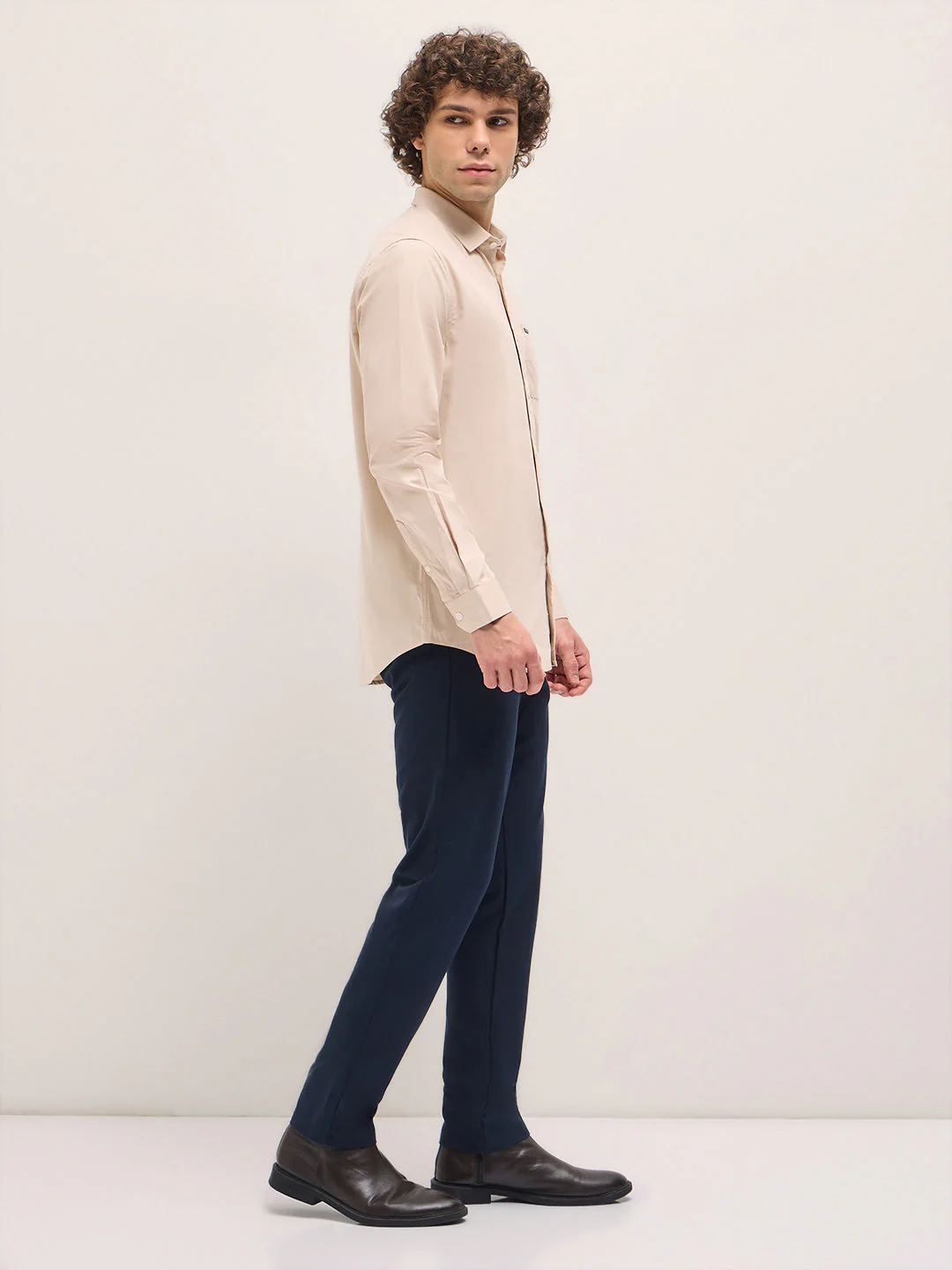 Men Shirt Beige Tailored Fit Cotton Formal Shirt - Image 3