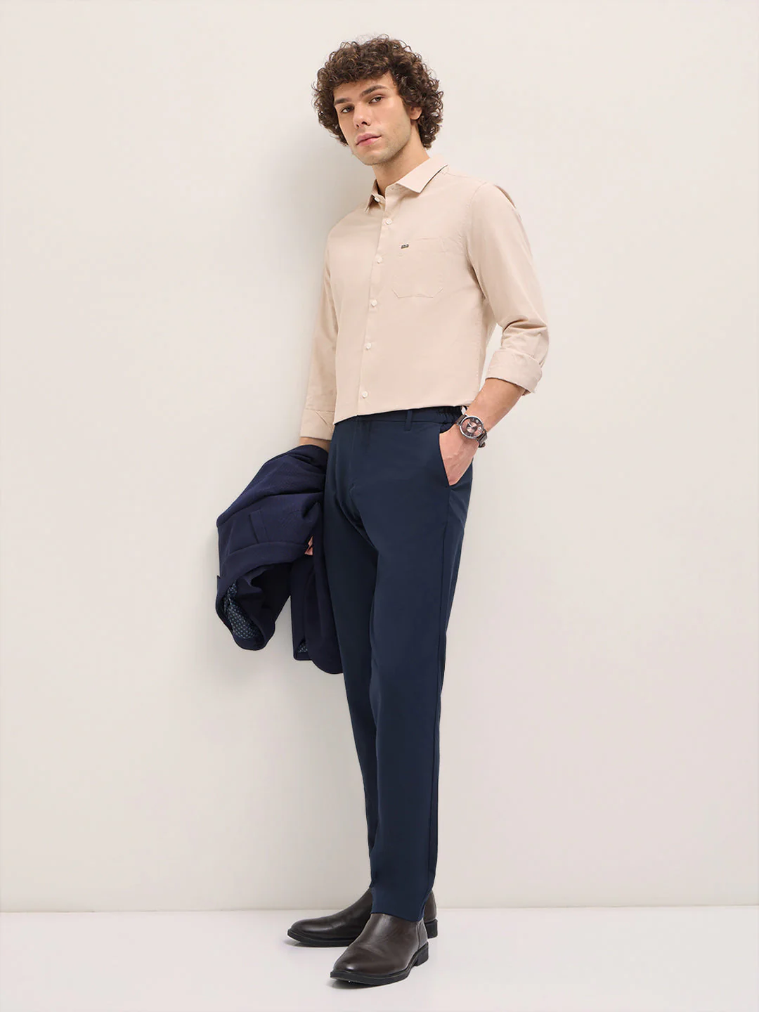 Men Shirt Beige Tailored Fit Cotton Formal Shirt - Image 4